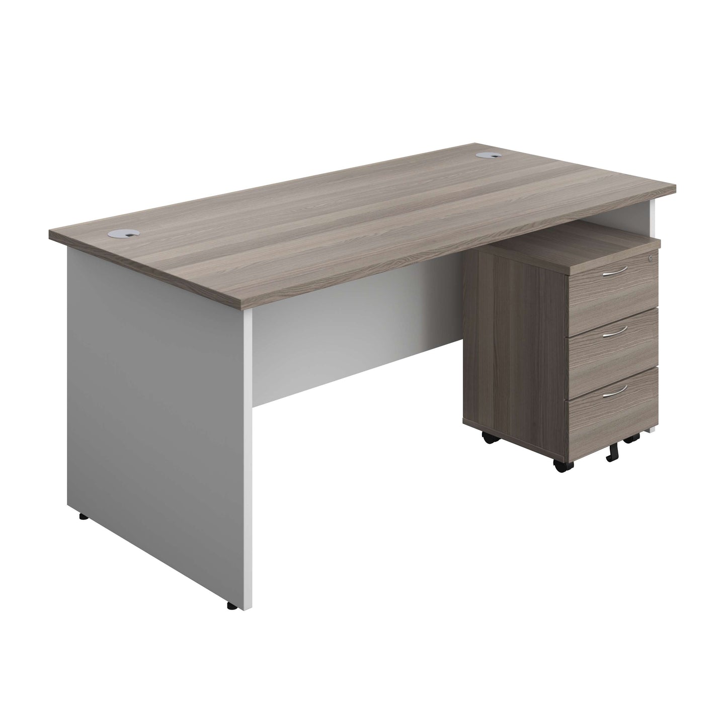 Panel Plus Rectangular Desk + 3 Drawer Mobile Pedestal Bundle (FSC) | 1600X800 | Grey Oak/White