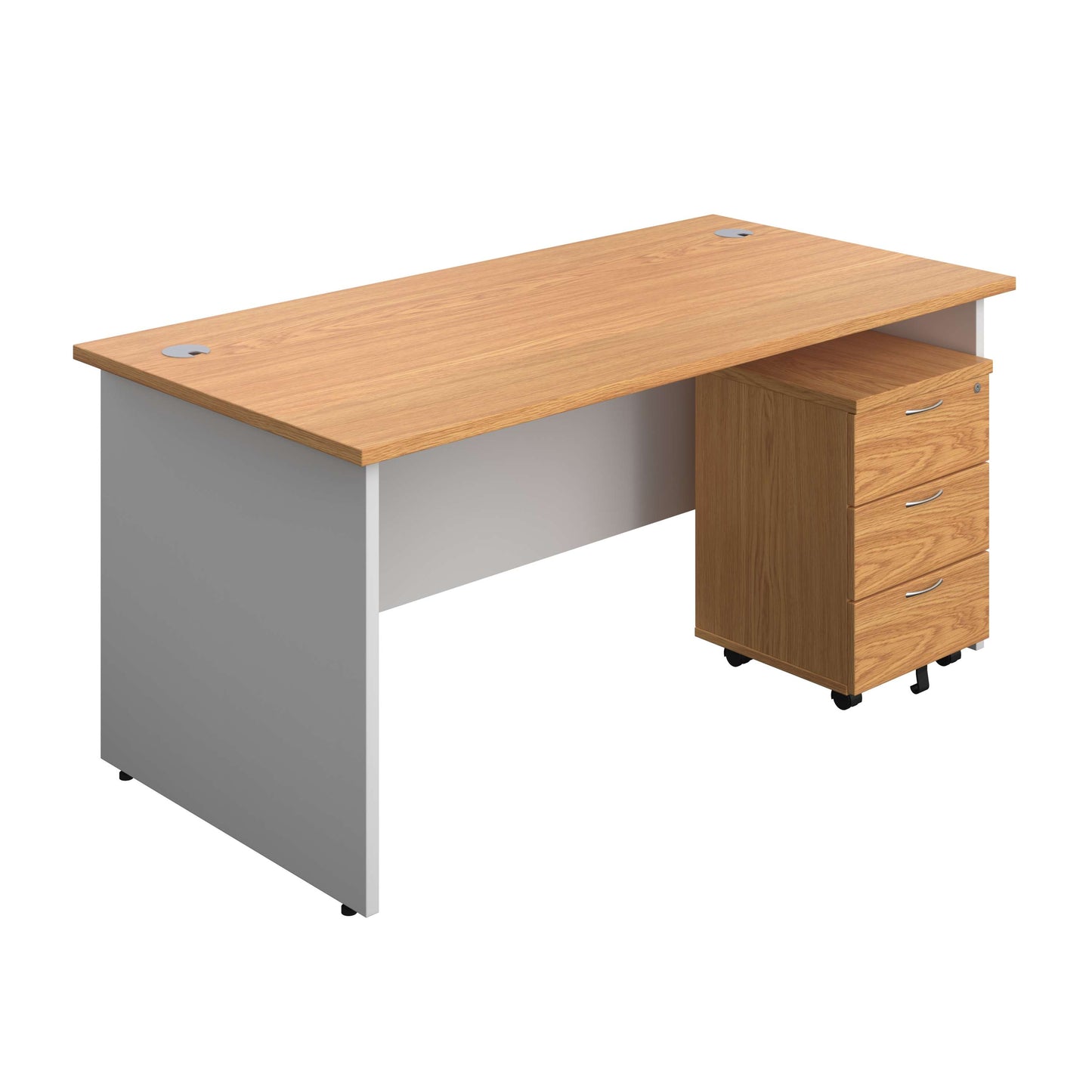 Panel Plus Rectangular Desk + 3 Drawer Mobile Pedestal Bundle (FSC) | 1600X800 | Nova Oak/White