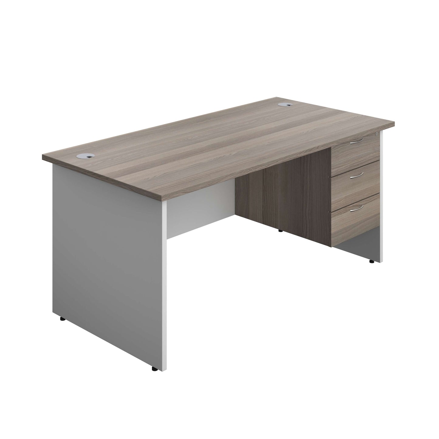 Panel Plus Rectangular Desk + 3 Drawer Fixed Pedestal Bundle (FSC) | 1600X800 | Grey Oak/White