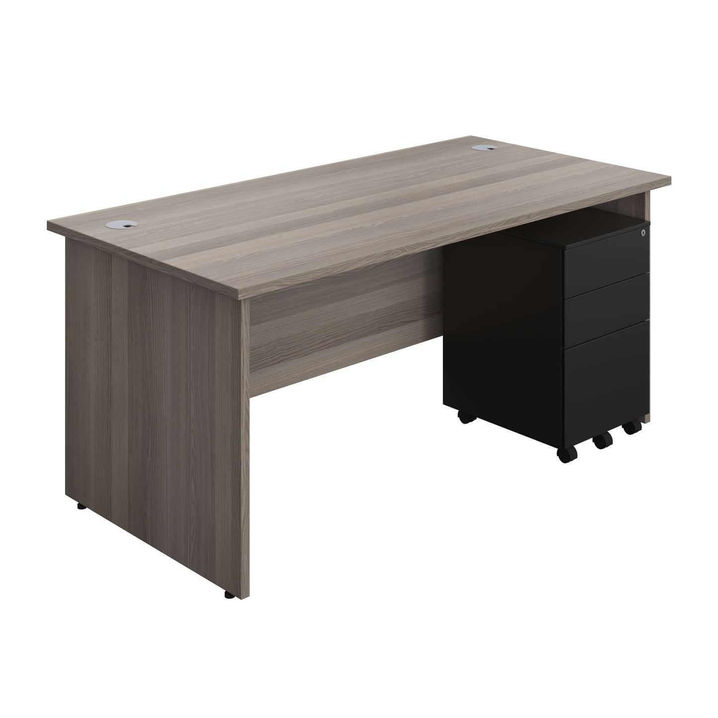Panel Rectangular Desk + 3 Drawer Steel Pedestal Bundle (FSC) | 1600X800 | Grey Oak/Black