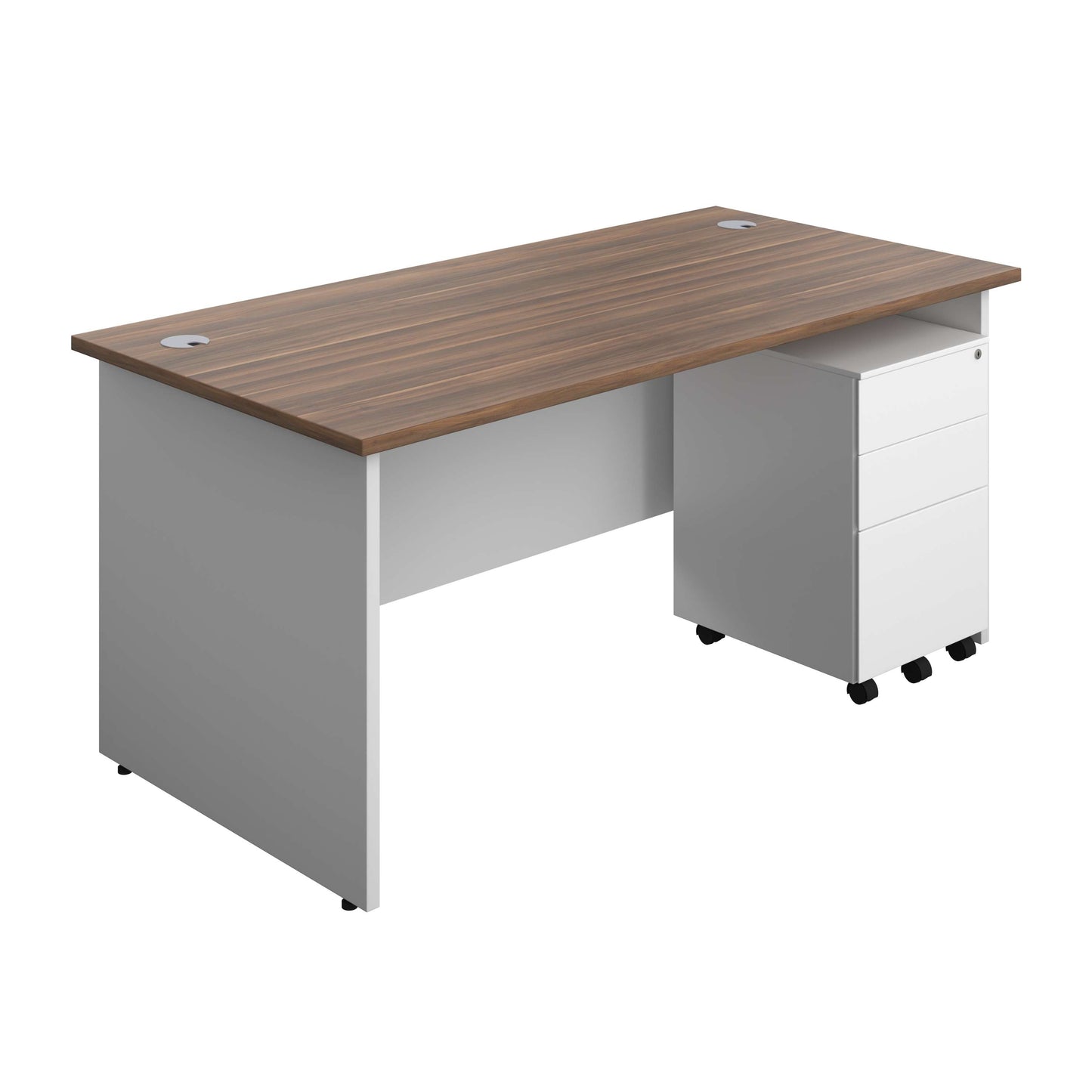 Panel Plus Rectangular Desk + 3 Drawer Steel Pedestal Bundle (FSC) | 1600X800 | Dark Walnut/White