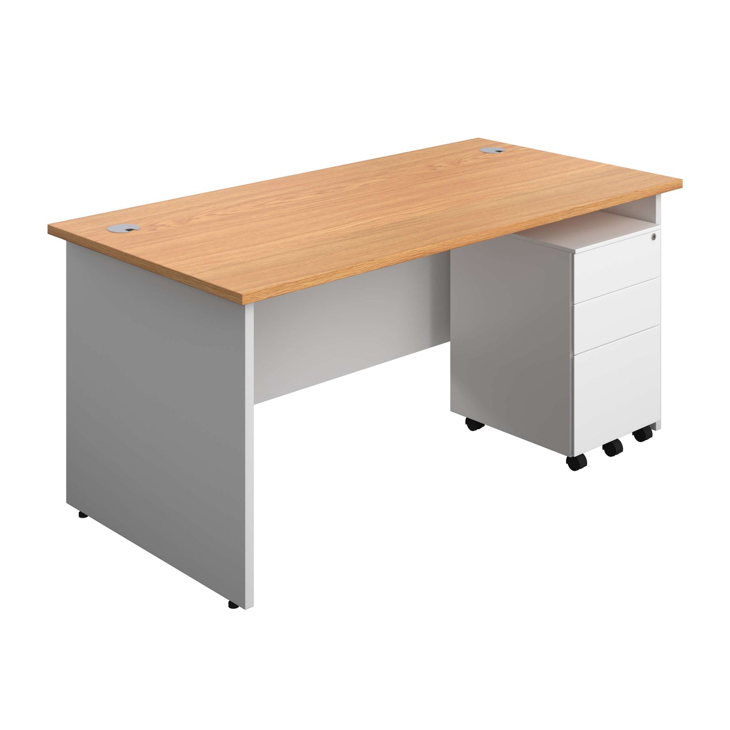 Panel Plus Rectangular Desk + 3 Drawer Steel Pedestal Bundle (FSC) | 1600X800 | Nova Oak/White