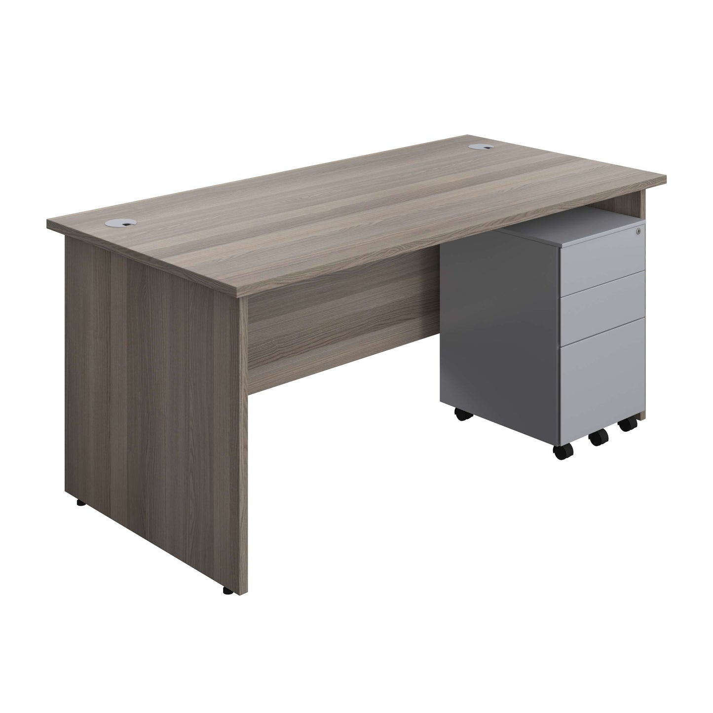 Panel Rectangular Desk + 3 Drawer Steel Pedestal Bundle (FSC) | 1600X800 | Grey Oak/Silver