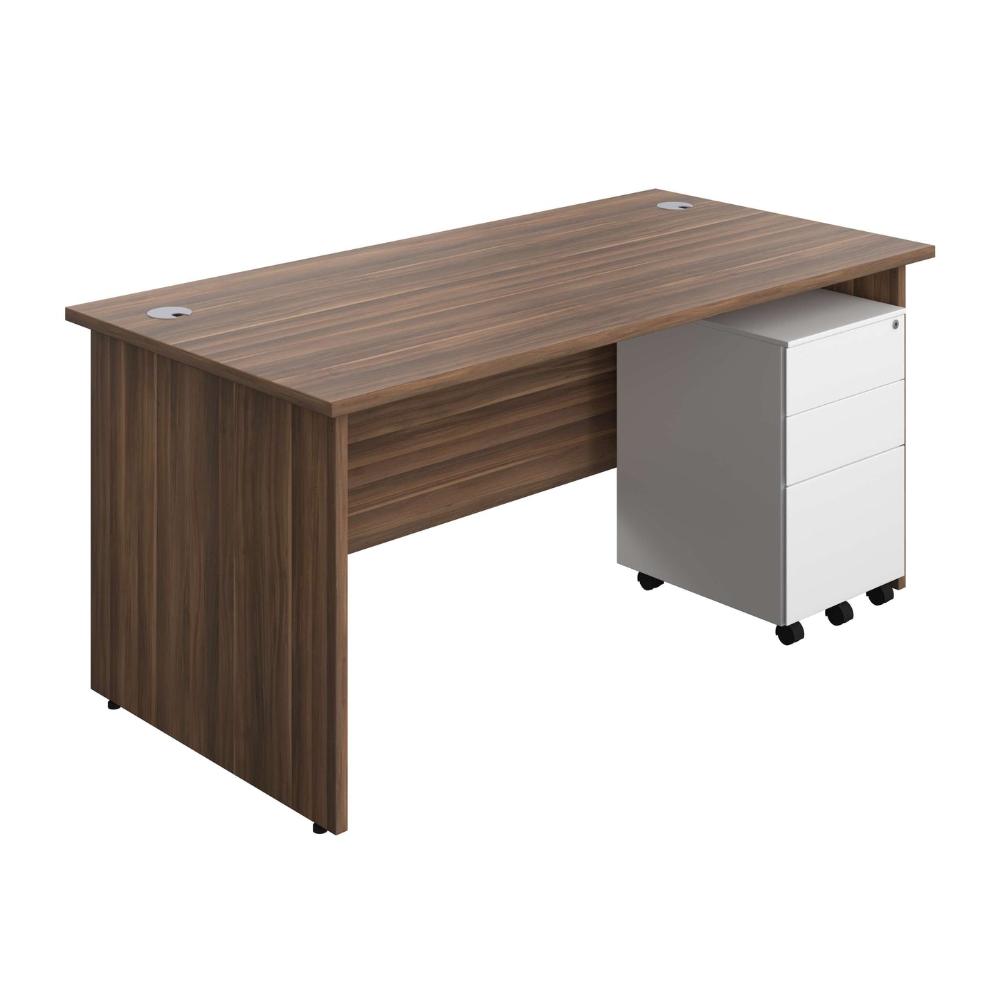 Panel Rectangular Desk + 3 Drawer Steel Pedestal Bundle (FSC) | 1600X800 | Dark Walnut/White