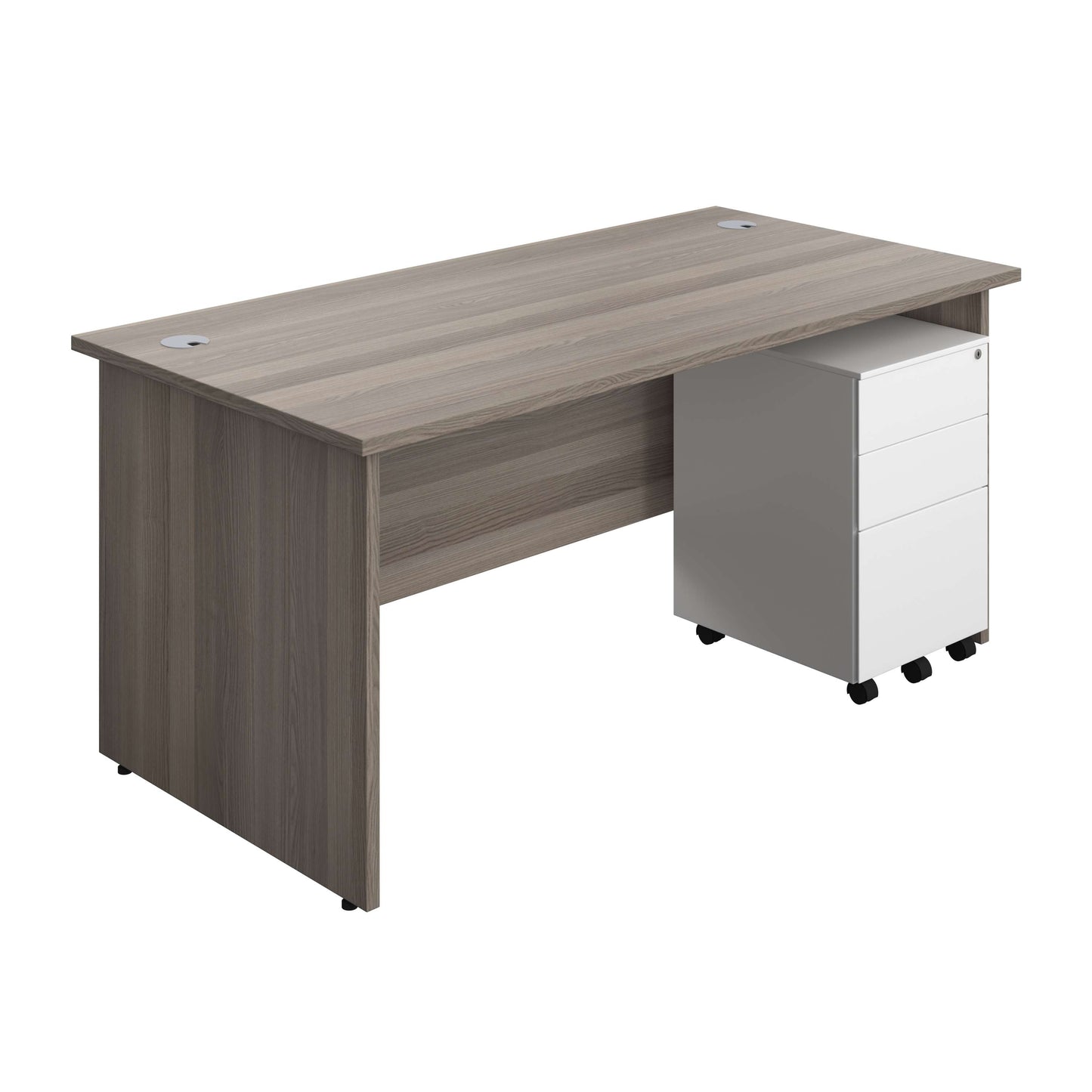 Panel Rectangular Desk + 3 Drawer Steel Pedestal Bundle (FSC) | 1600X800 | Grey Oak/White