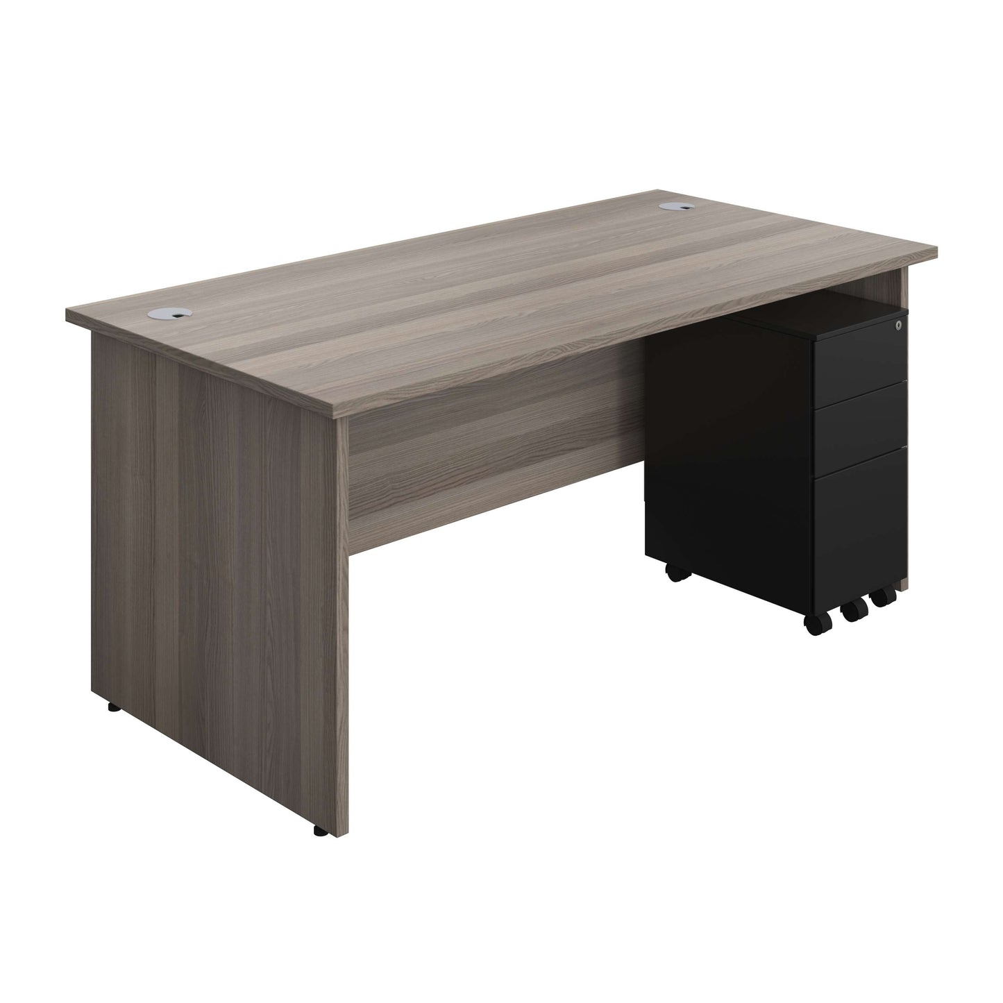 Panel Rectangular Desk + 3 Drawer Slimline Steel Pedestal Bundle (FSC) | 1600X800 | Grey Oak/Black