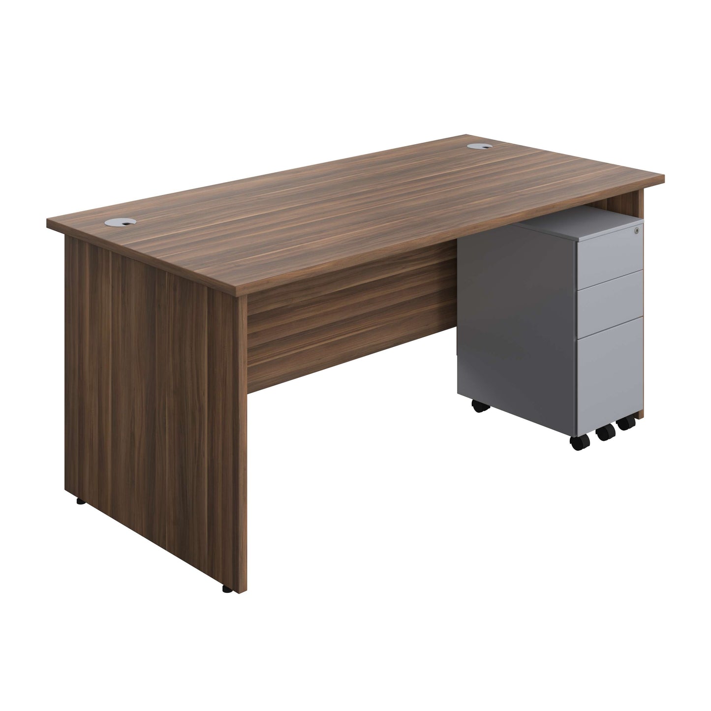 Panel Rectangular Desk + 3 Drawer Slimline Steel Pedestal Bundle (FSC) | 1600X800 | Dark Walnut/Silver