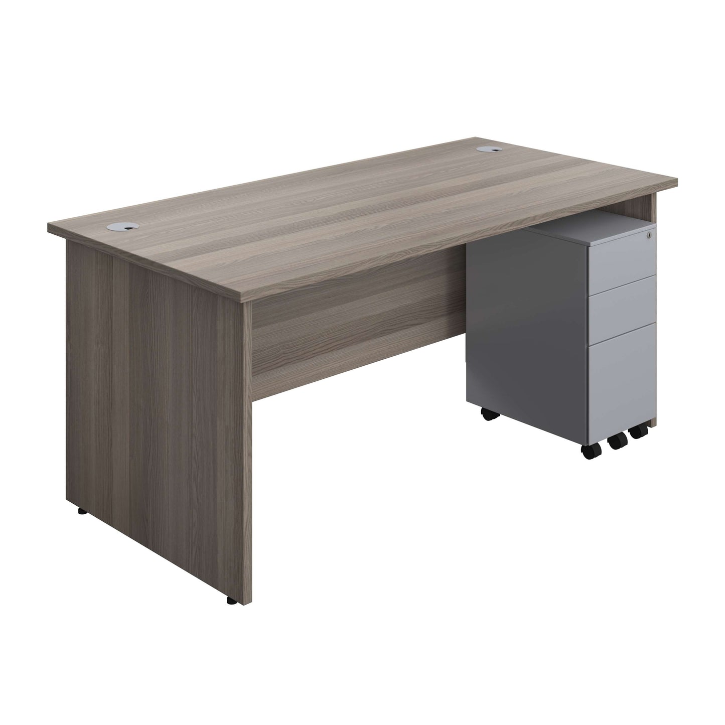 Panel Rectangular Desk + 3 Drawer Slimline Steel Pedestal Bundle (FSC) | 1600X800 | Grey Oak/Silver