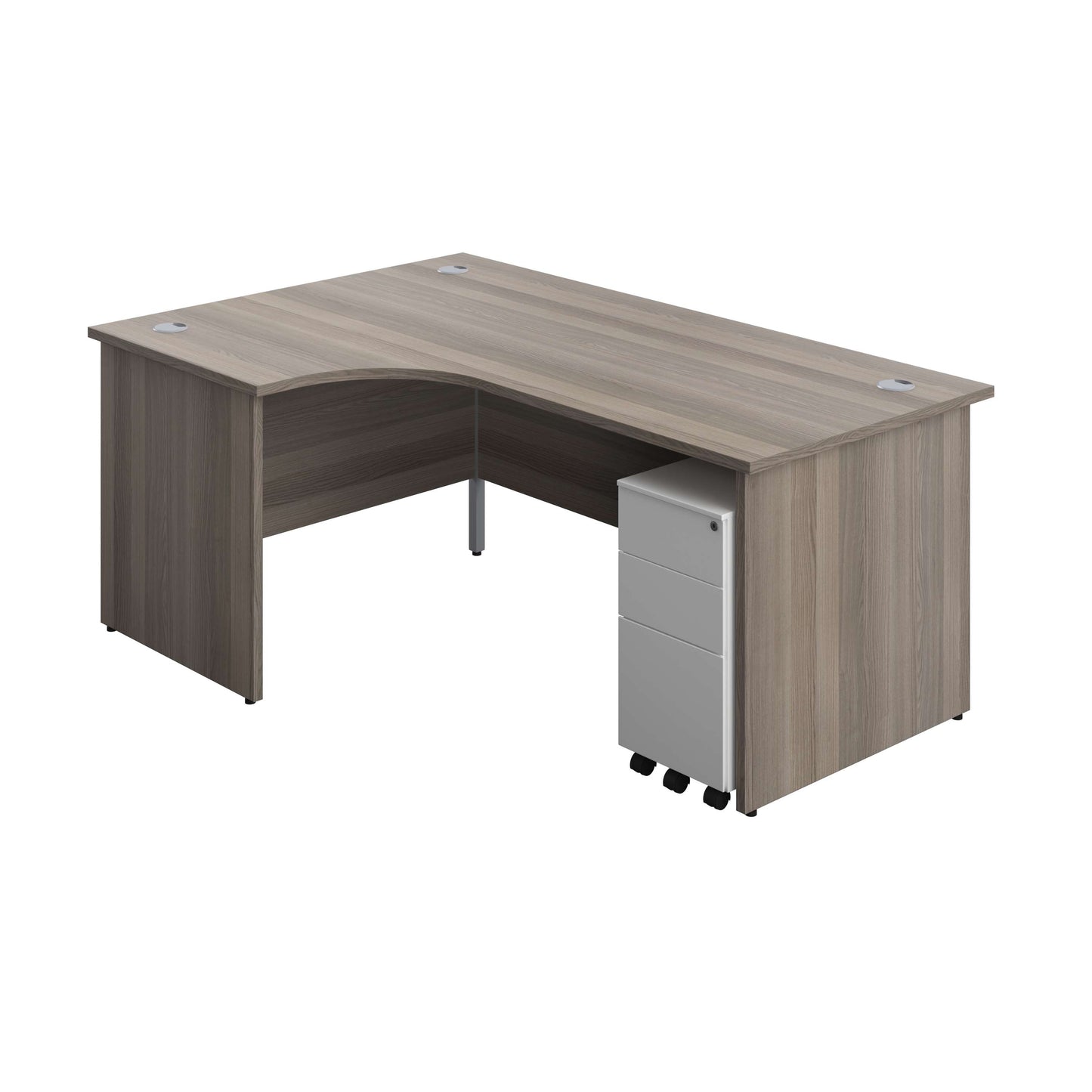 Panel Left Hand Radial Desk + 3 Drawer Slimline Steel Mobile Pedestal Bundle (FSC) | 1800X1200 | Grey Oak/White