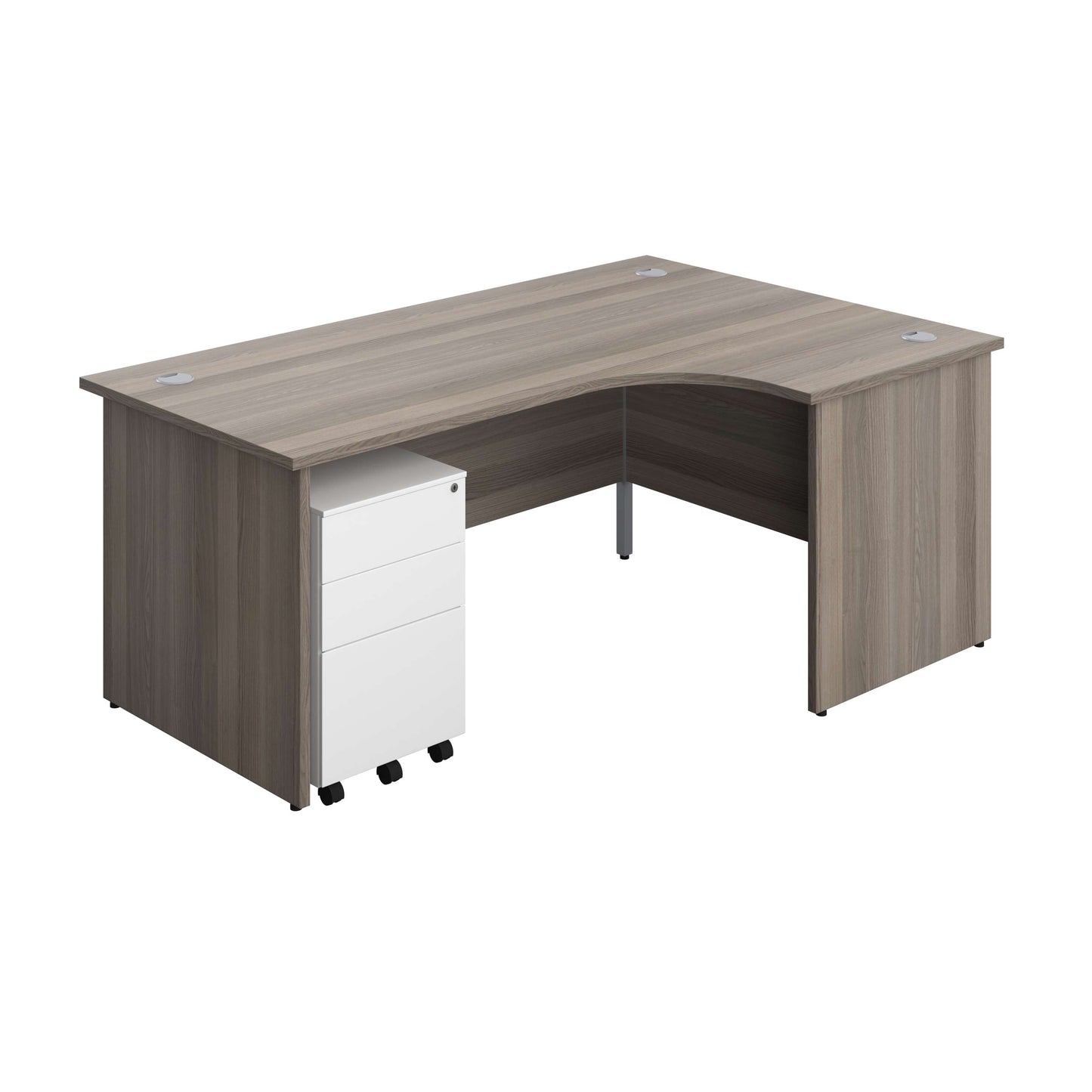 Panel Right Hand Radial Desk + 3 Drawer Steel Mobile Pedestal Bundle (FSC) | 1800X1200 | Grey Oak/White