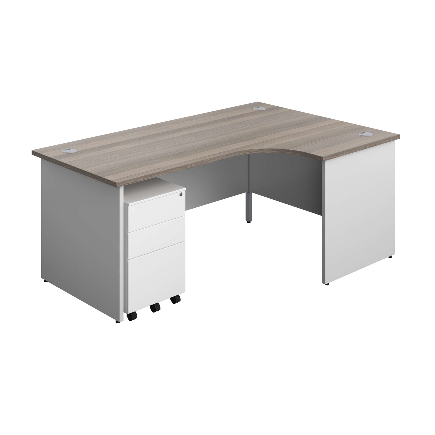 Panel Plus Right Radial Desk + 3 Drawer Steel Mobile Pedestal Bundle (FSC) | 1800X1200 | Grey Oak/White