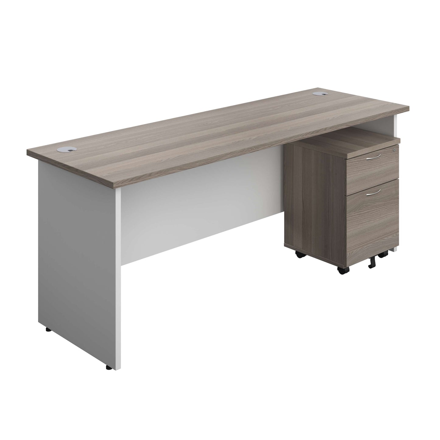 Panel Plus Rectangular Desk + 2 Drawer Mobile Pedestal Bundle (FSC) | 1800X600 | Grey Oak/White
