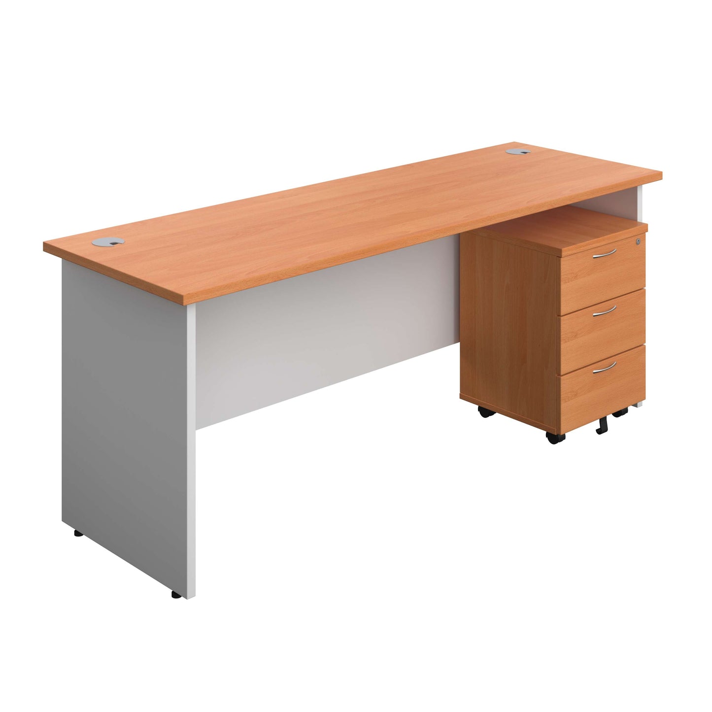Panel Plus Rectangular Desk + 3 Drawer Mobile Pedestal Bundle (FSC) | 1800X600 | Beech/White