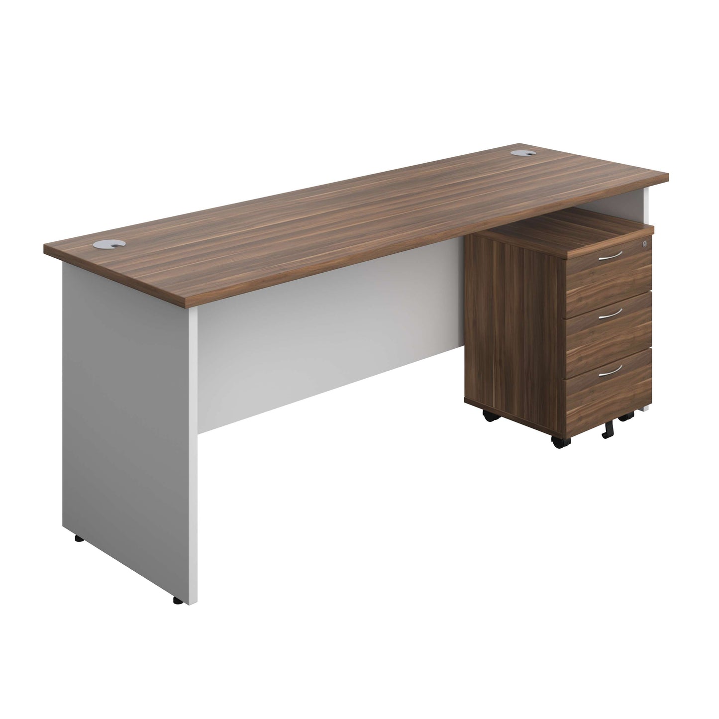 Panel Plus Rectangular Desk + 3 Drawer Mobile Pedestal Bundle (FSC) | 1800X600 | Dark Walnut/White