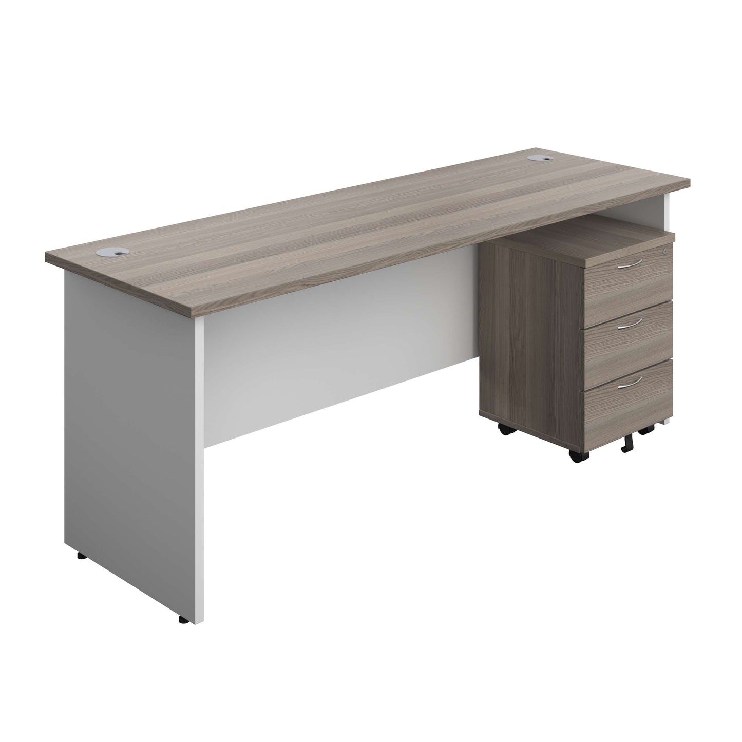 Panel Plus Rectangular Desk + 3 Drawer Mobile Pedestal Bundle (FSC) | 1800X600 | Grey Oak/White