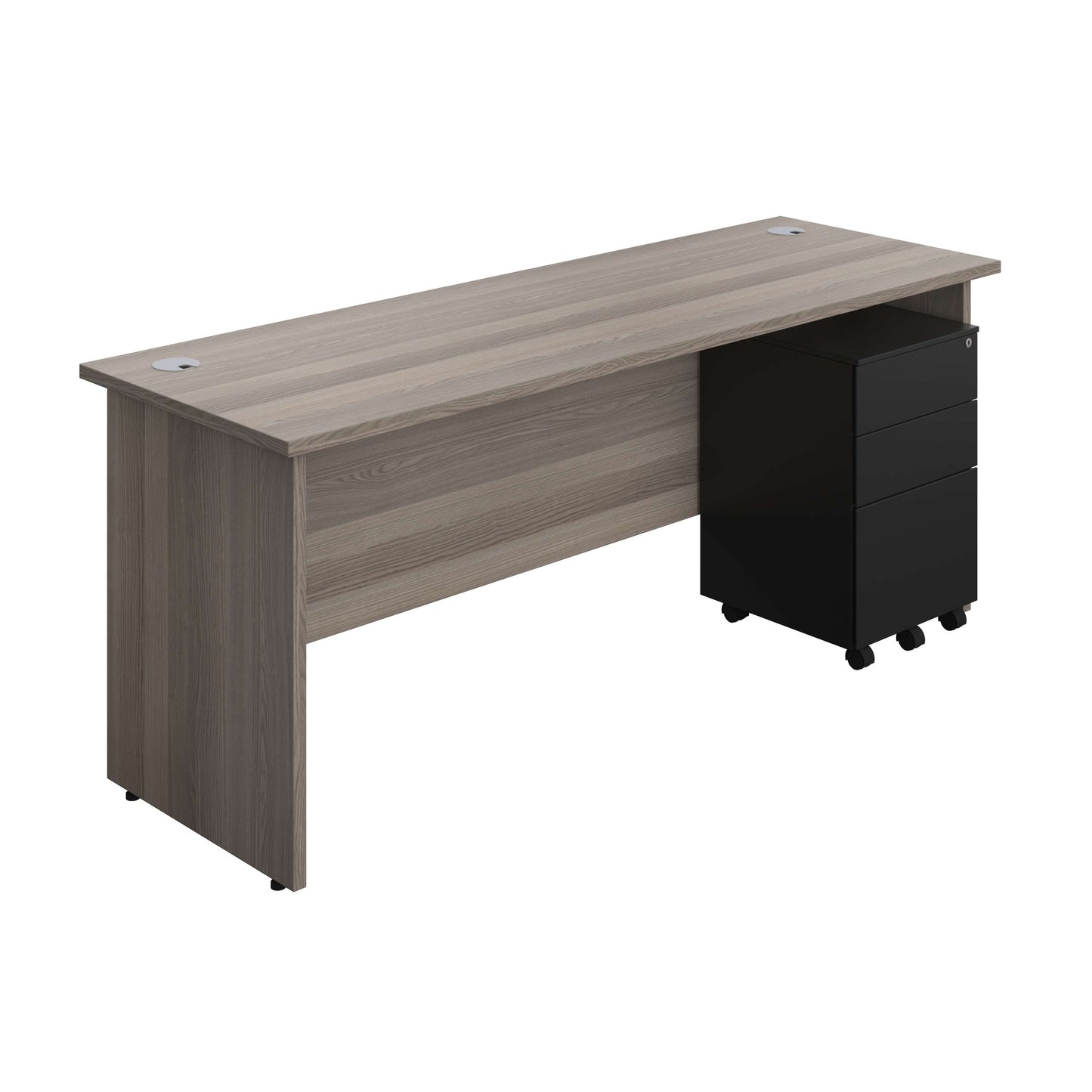 Panel Rectangular Desk + 3 Drawer Steel Pedestal Bundle (FSC) | 1800X600 | Grey Oak/Black