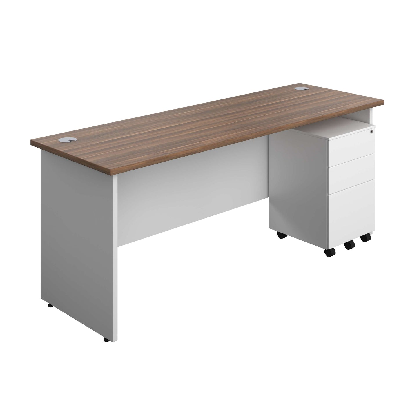 Panel Plus Rectangular Desk + 3 Drawer Steel Pedestal Bundle (FSC) | 1800X600 | Dark Walnut/White