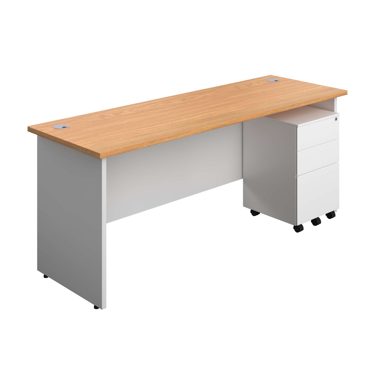 Panel Plus Rectangular Desk + 3 Drawer Steel Pedestal Bundle (FSC) | 1800X600 | Nova Oak/White