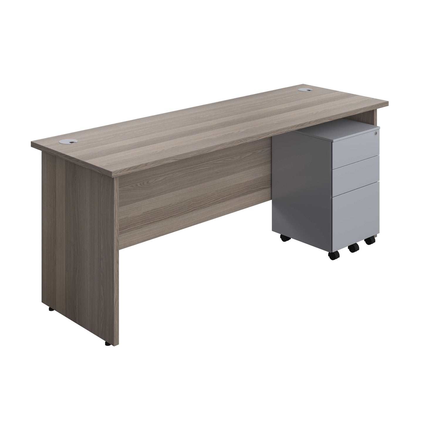 Panel Rectangular Desk + 3 Drawer Steel Pedestal Bundle (FSC) | 1800X600 | Grey Oak/Silver