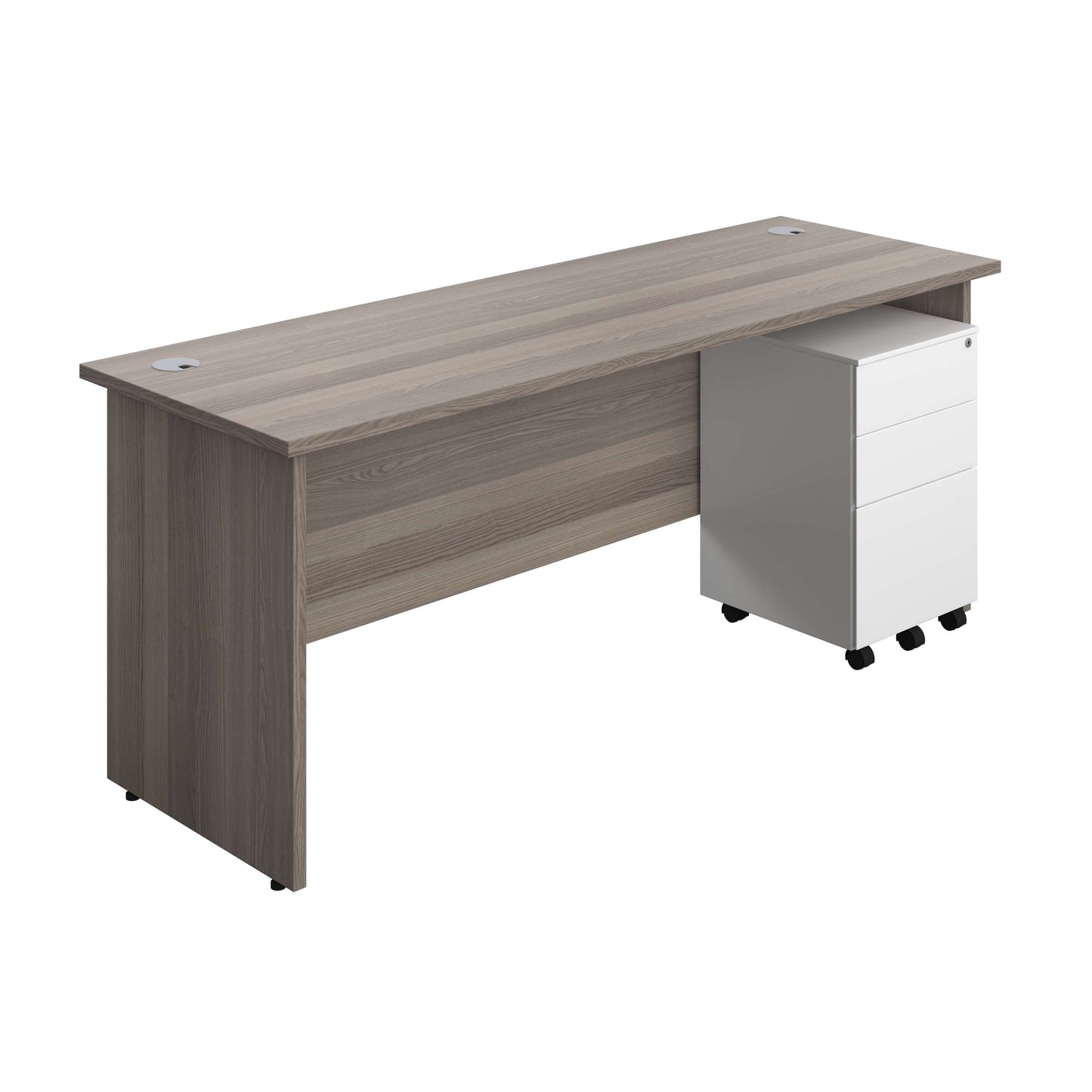 Panel Rectangular Desk + 3 Drawer Steel Pedestal Bundle (FSC) | 1800X600 | Grey Oak/White
