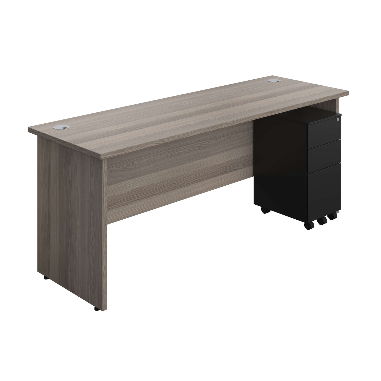 Panel Rectangular Desk + 3 Drawer Slimline Steel Pedestal Bundle (FSC) | 1800X600 | Grey Oak/Black