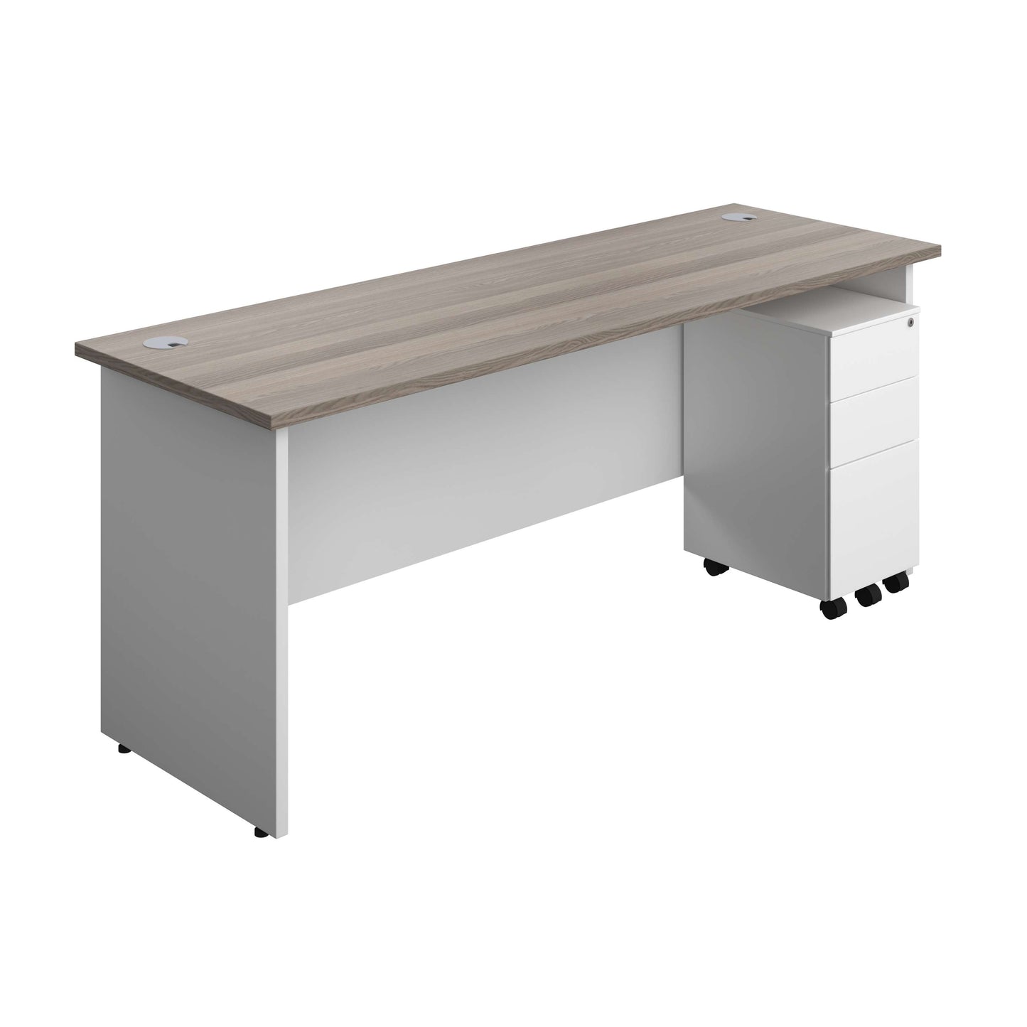 Panel Plus Rectangular Desk + 3 Drawer Slimline Steel Pedestal Bundle (FSC) | 1800X600 | Grey Oak/White