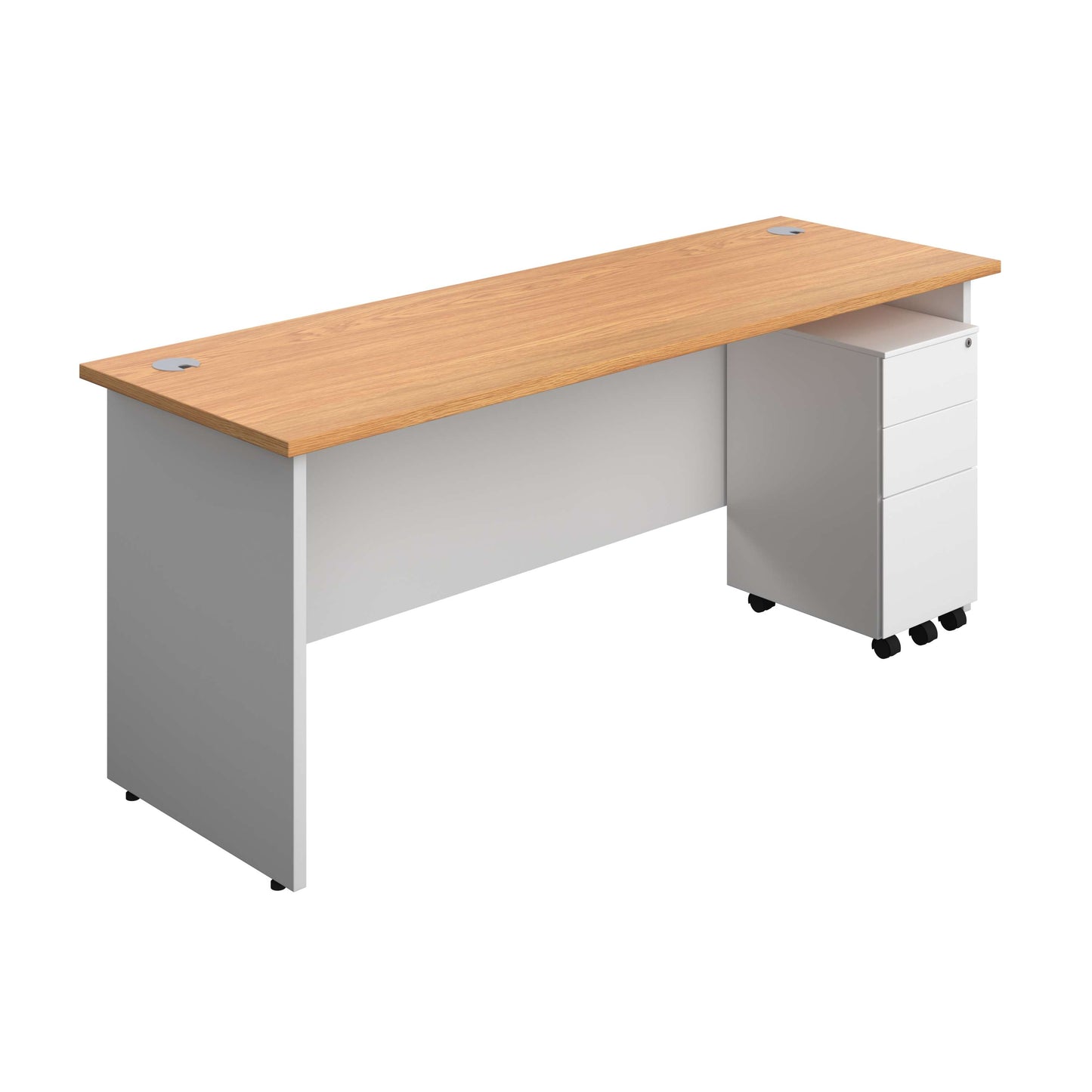 Panel Plus Rectangular Desk + 3 Drawer Slimline Steel Pedestal Bundle (FSC) | 1800X600 | Nova Oak/White