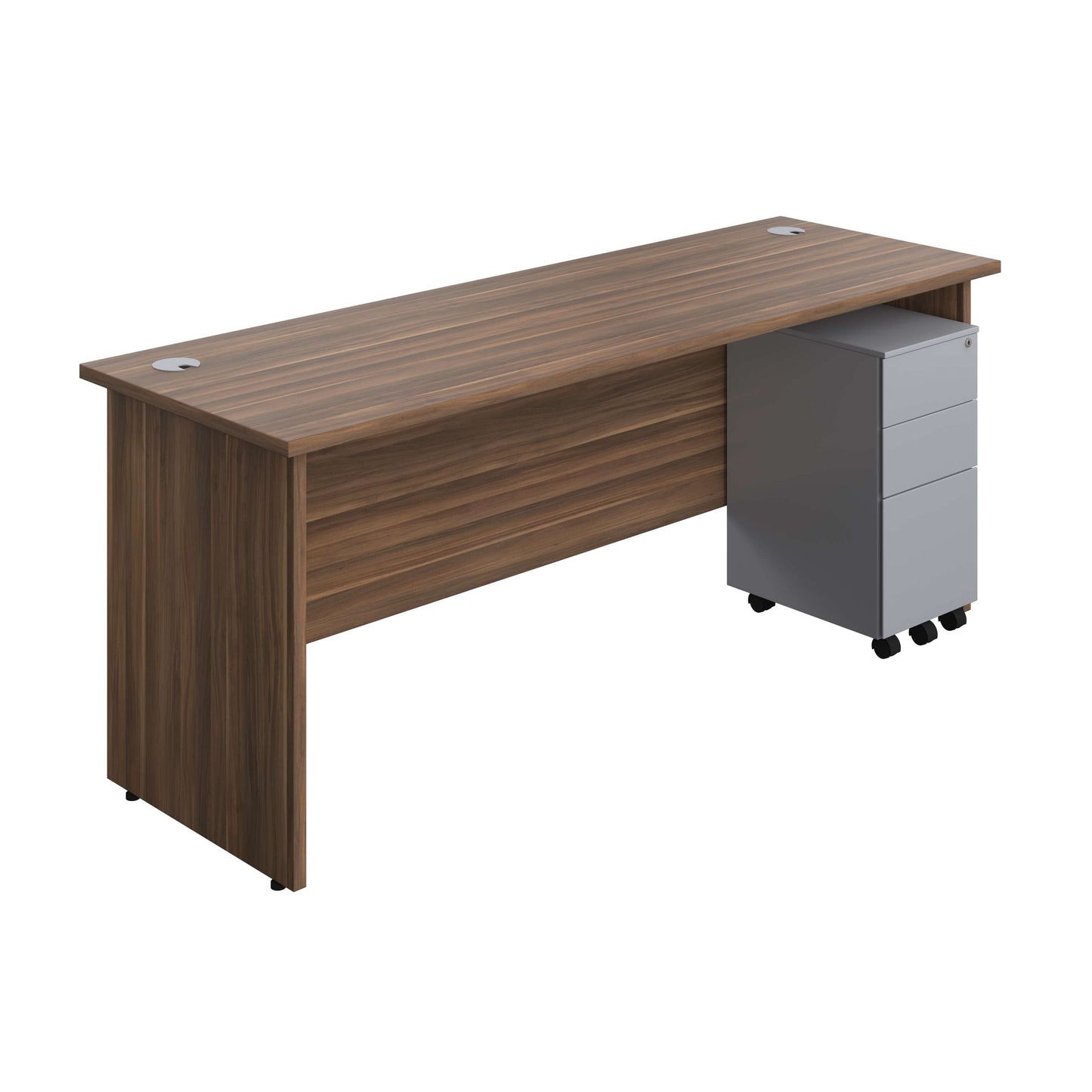 Panel Rectangular Desk + 3 Drawer Slimline Steel Pedestal Bundle (FSC) | 1800X600 | Dark Walnut/Silver