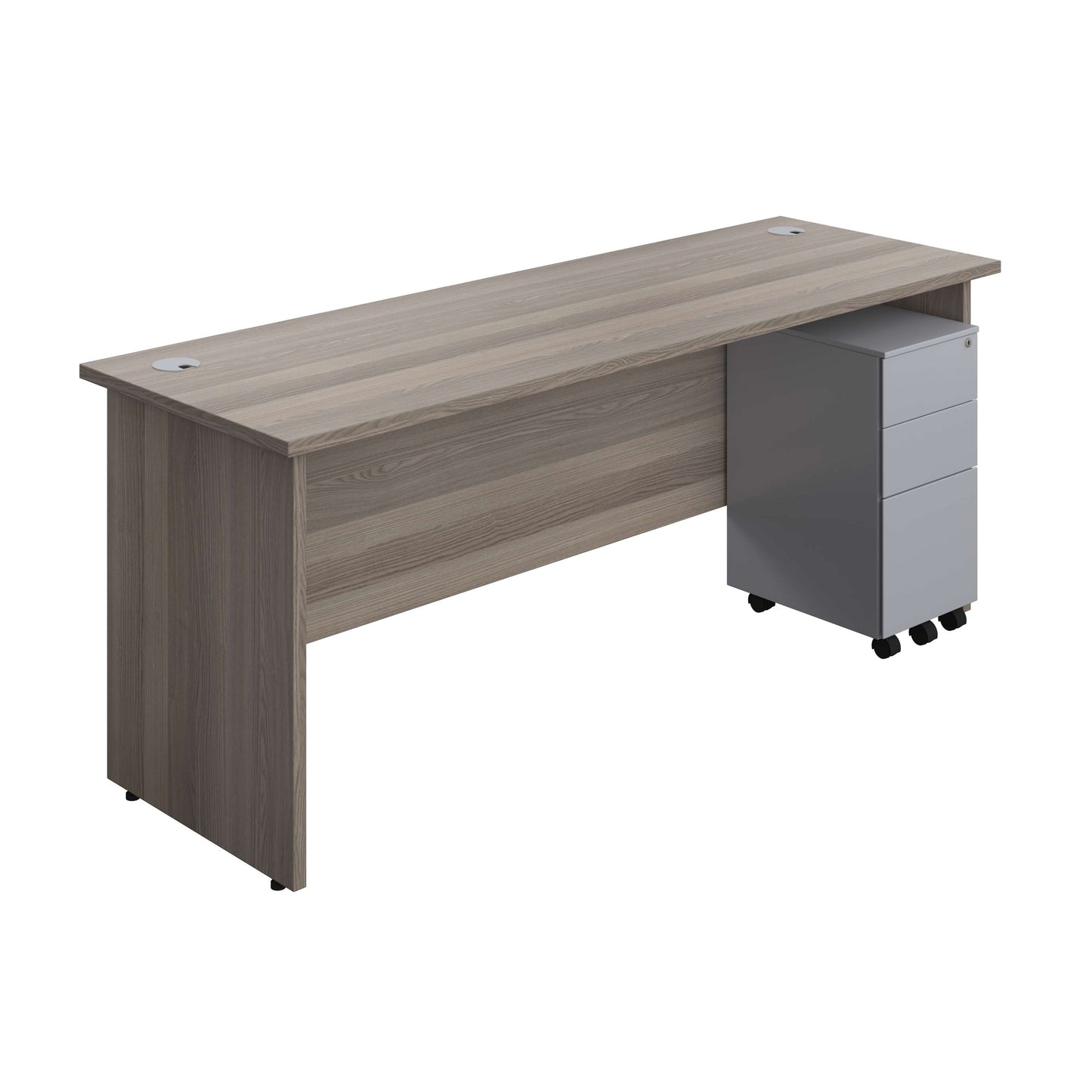 Panel Rectangular Desk + 3 Drawer Slimline Steel Pedestal Bundle (FSC) | 1800X600 | Grey Oak/Silver