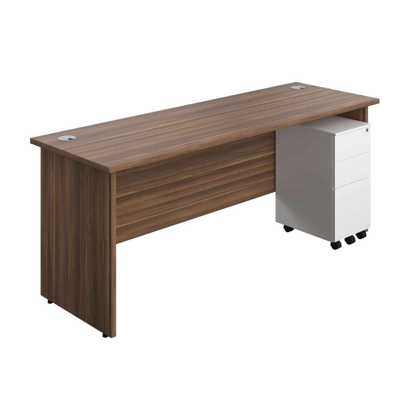 Panel Rectangular Desk + 3 Drawer Slimline Steel Pedestal Bundle (FSC) | 1800X600 | Dark Walnut/White