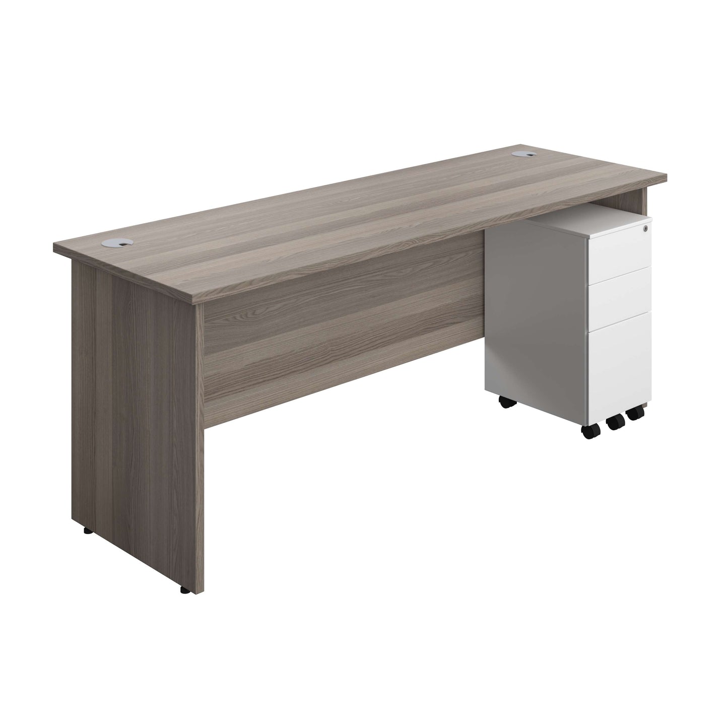 Panel Rectangular Desk + 3 Drawer Slimline Steel Pedestal Bundle (FSC) | 1800X600 | Grey Oak/White