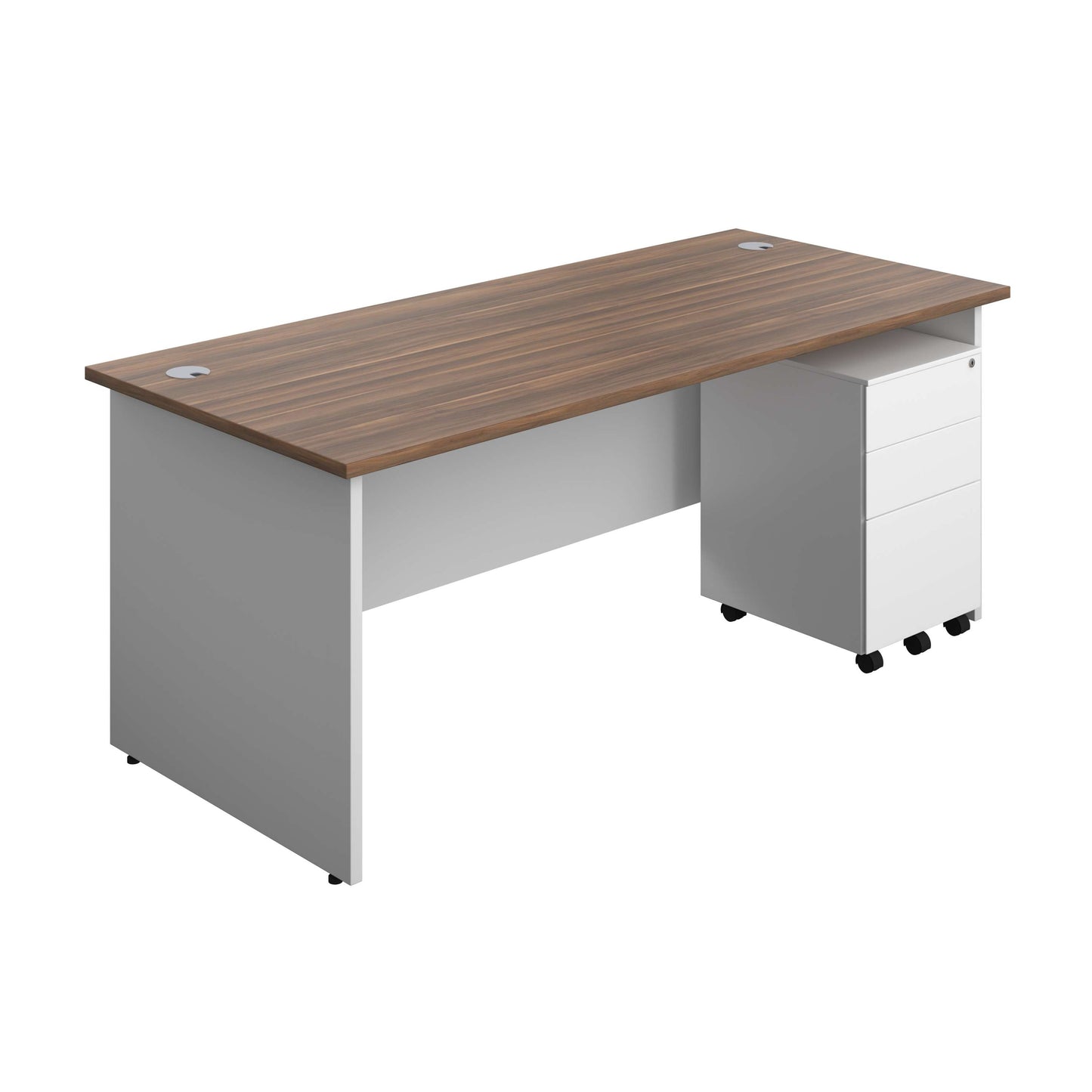 Panel Plus Rectangular Desk + 3 Drawer Steel Pedestal Bundle (FSC) | 1800X800 | Dark Walnut/White