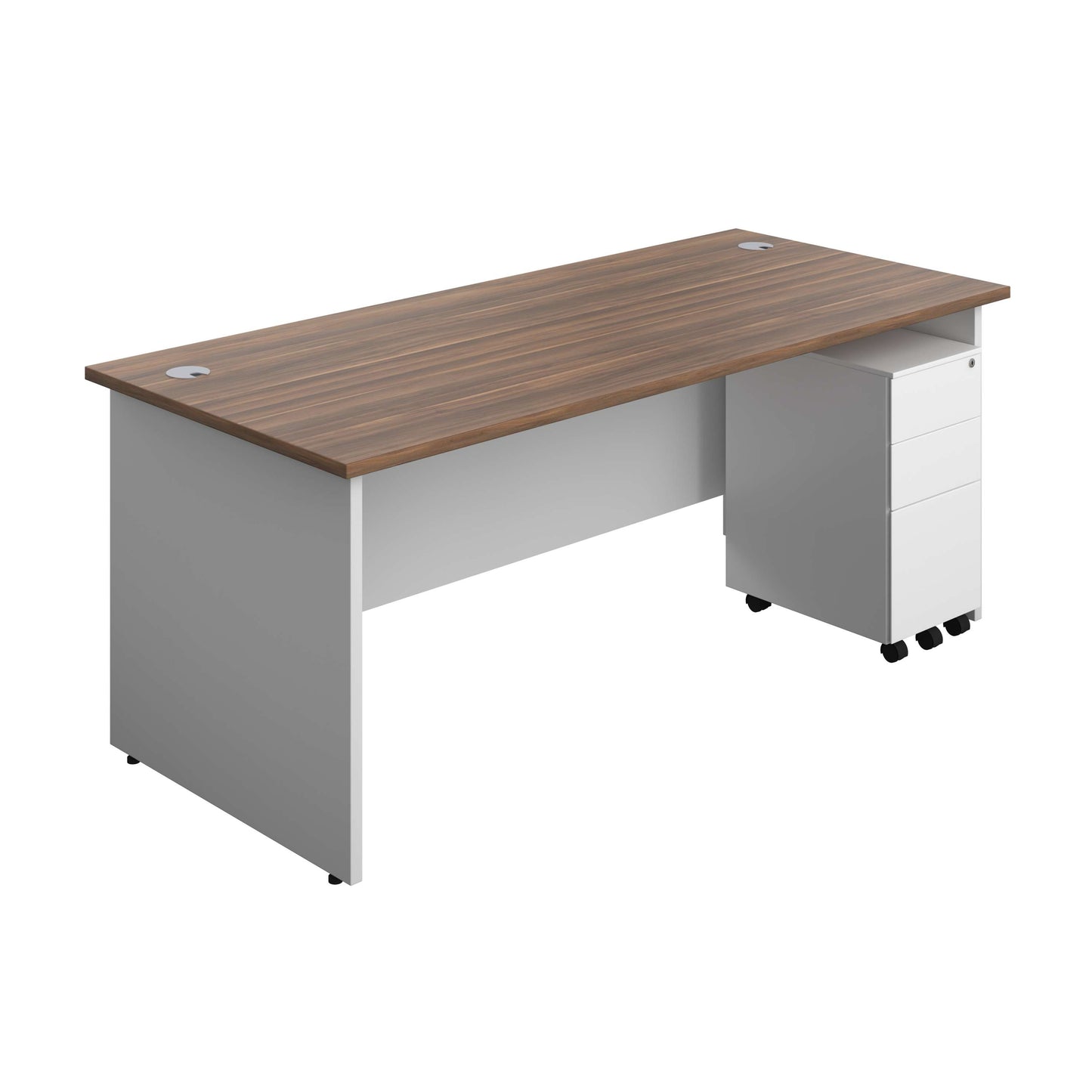 Panel Plus Rectangular Desk + 3 Drawer Slimline Steel Pedestal Bundle (FSC) | 1800X800 | Dark Walnut/White