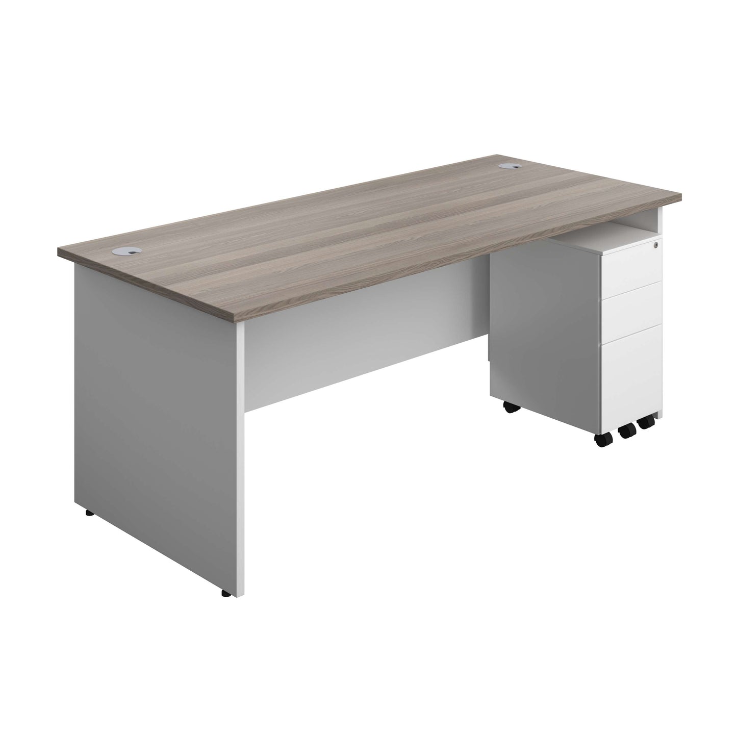 Panel Plus Rectangular Desk + 3 Drawer Slimline Steel Pedestal Bundle (FSC) | 1800X800 | Grey Oak/White