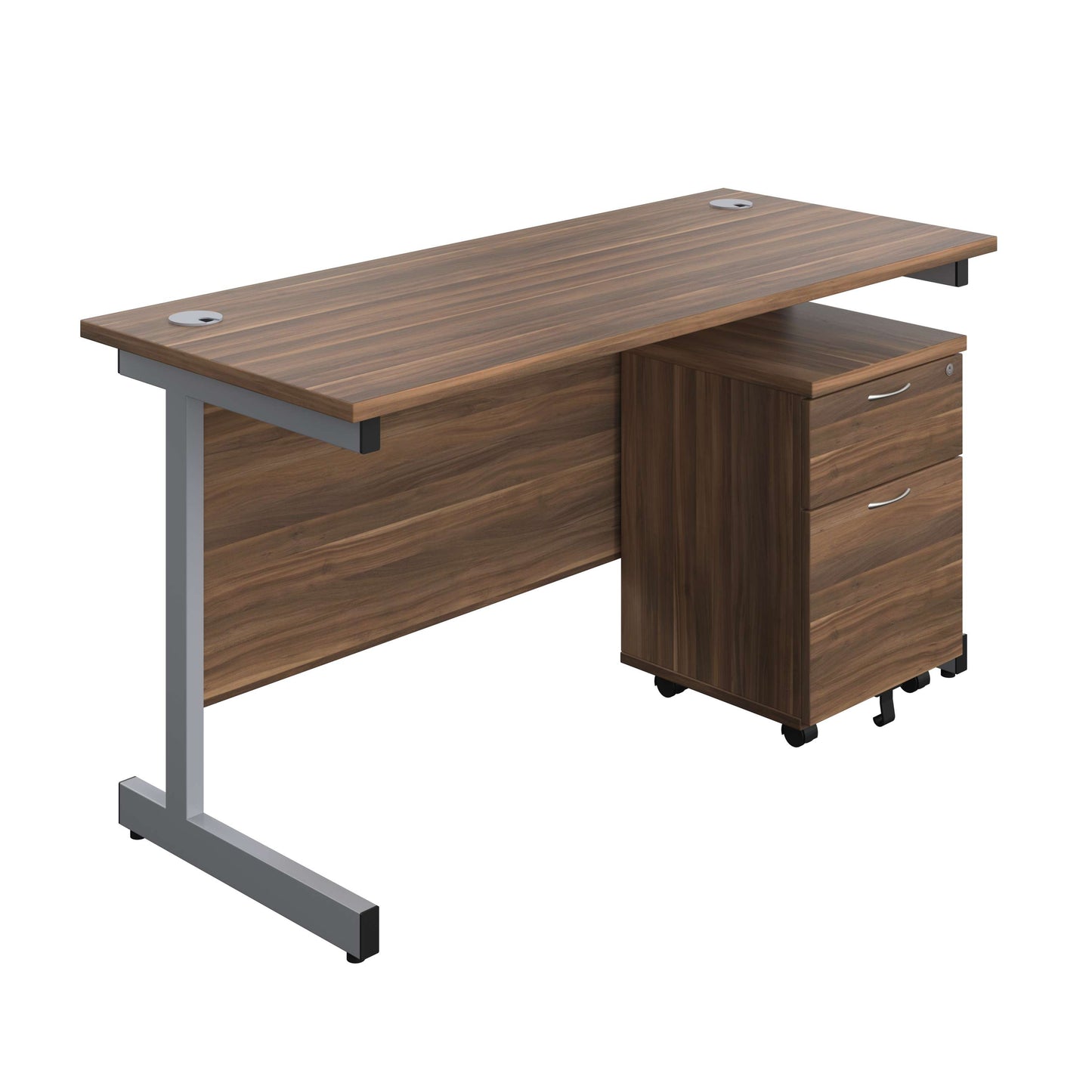 Single Upright Rectangular Desk + Mobile 2 Drawer Pedestal (FSC) | 1400 X 600 | Dark Walnut/Silver