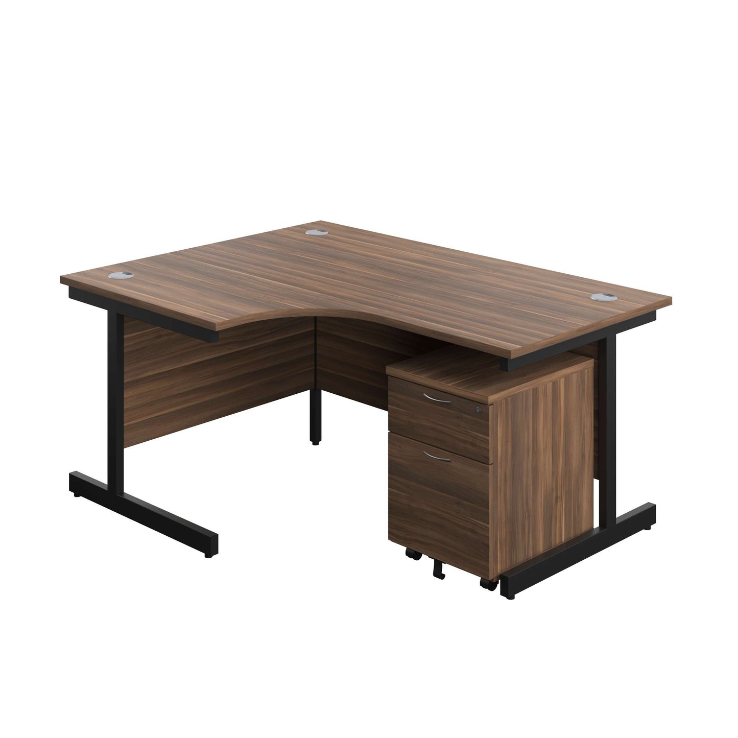 Single Upright Left Hand Radial Desk + Mobile 2 Drawer Pedestal (FSC) | 1600 X 1200 | Dark Walnut/Black