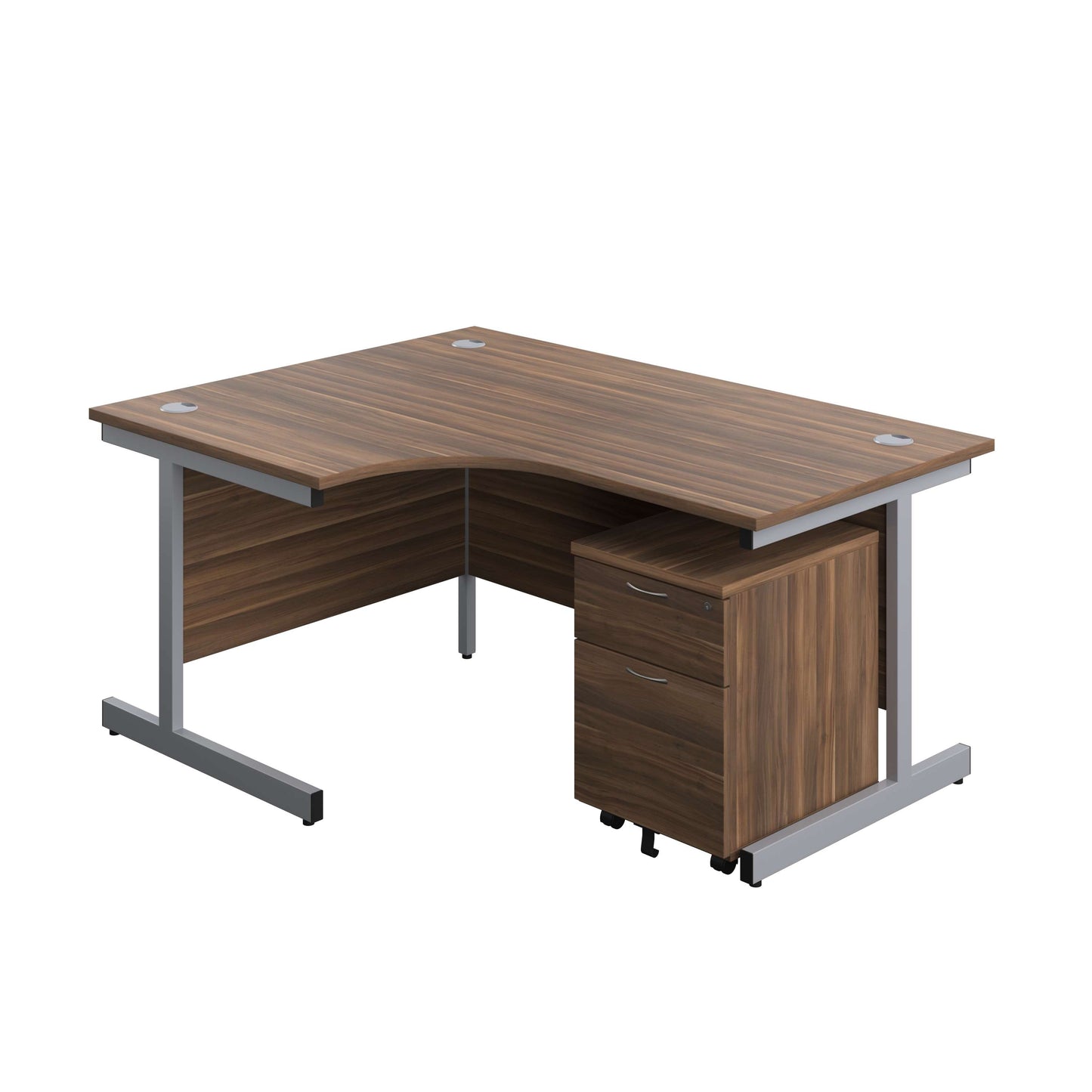 Single Upright Left Hand Radial Desk + Mobile 2 Drawer Pedestal (FSC) | 1600 X 1200 | Dark Walnut/Silver