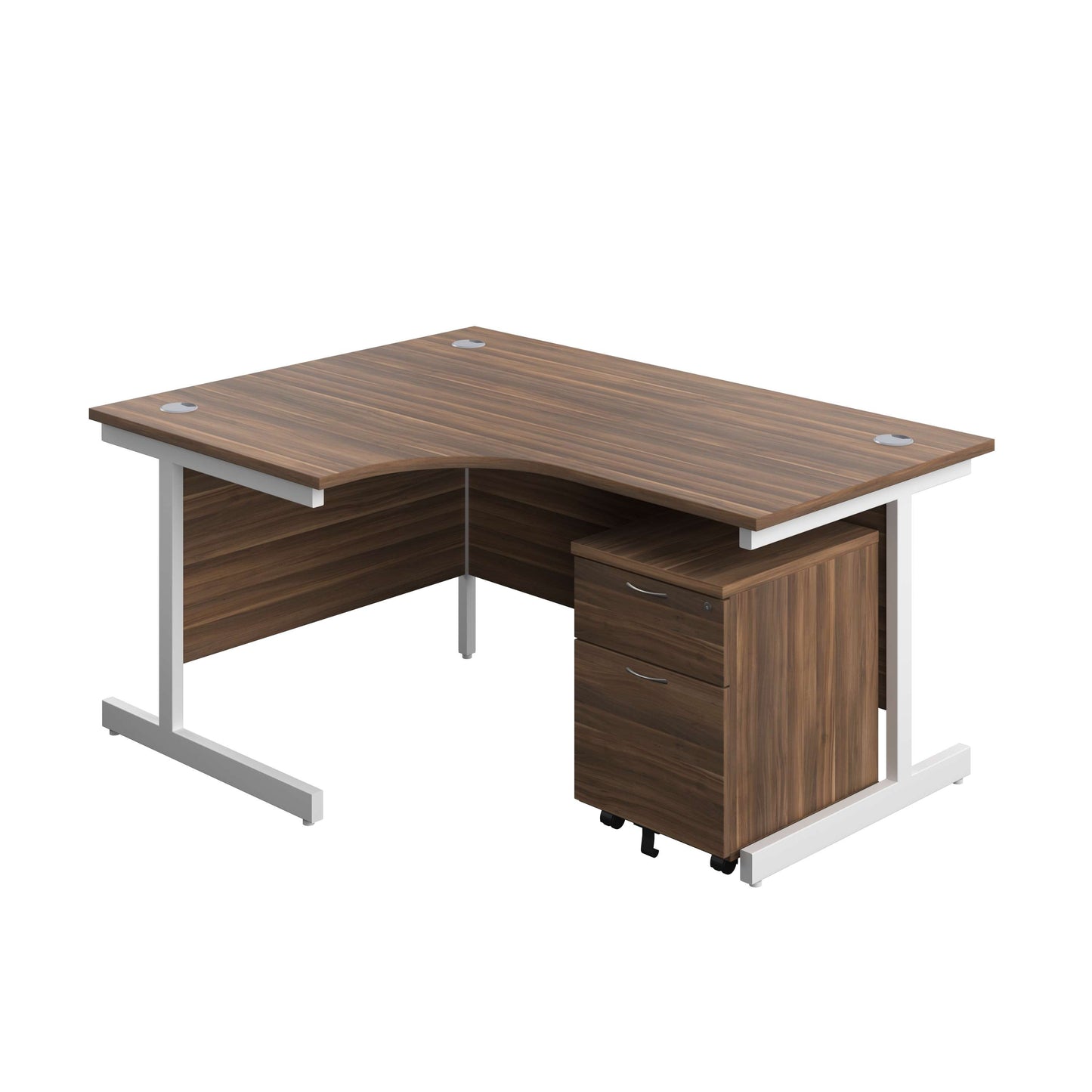 Single Upright Left Hand Radial Desk + Mobile 2 Drawer Pedestal (FSC) | 1600 X 1200 | Dark Walnut/White