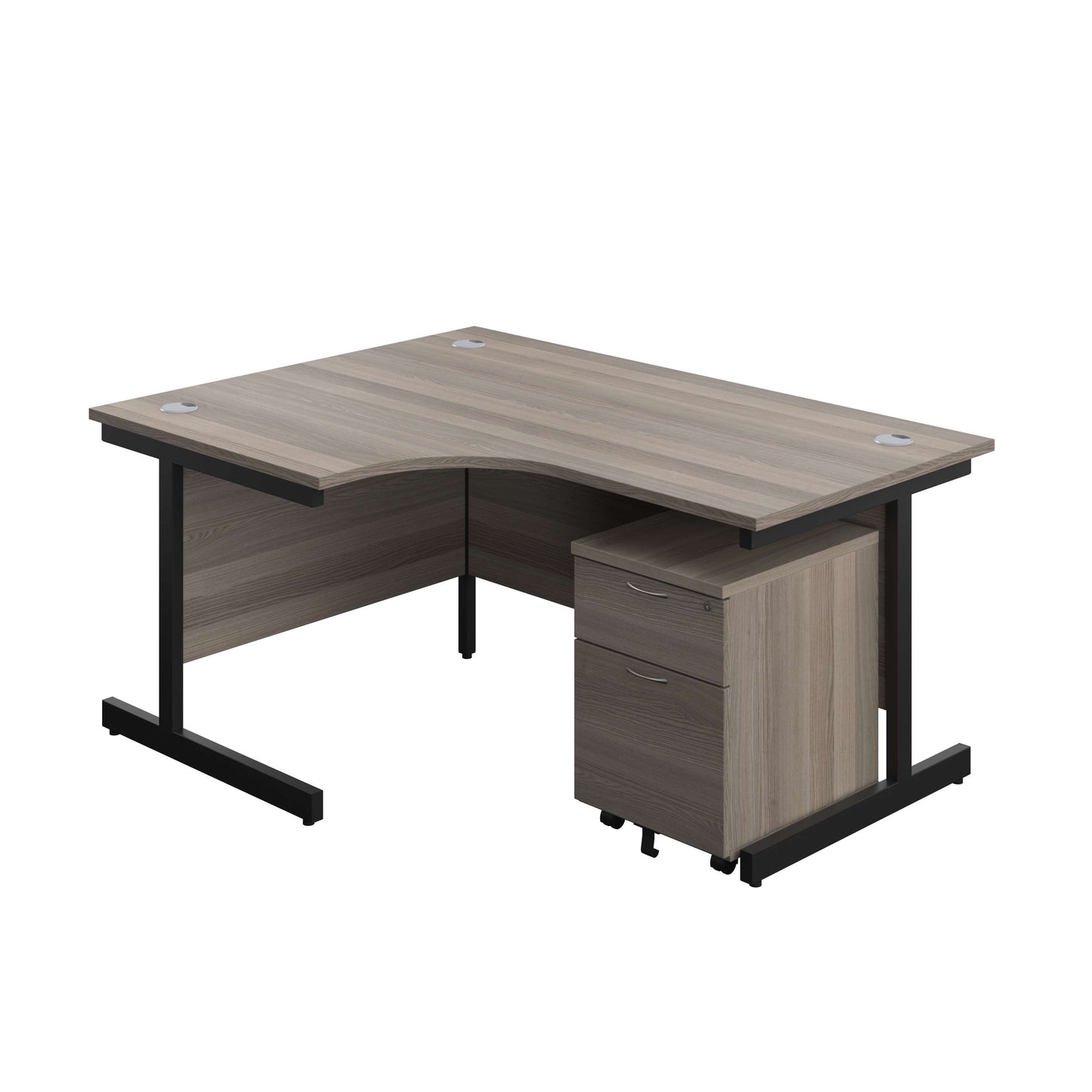 Single Upright Left Hand Radial Desk + Mobile 2 Drawer Pedestal (FSC) | 1600 X 1200 | Grey Oak/Black