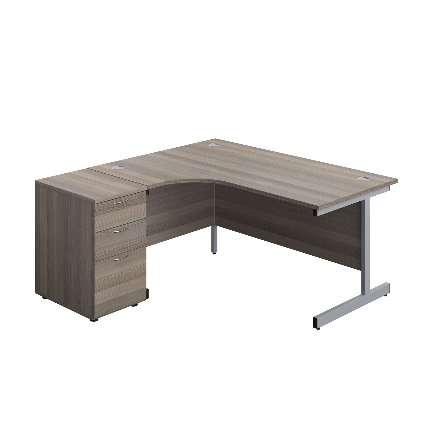 Single Upright Left Hand Radial Desk + Desk High 3 Drawer Pedestal (FSC) | 1600 X 1200 | 600mm Deep Pedestal | Grey Oak/Silver