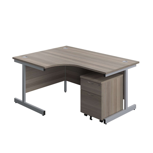 Single Upright Left Hand Radial Desk + Mobile 2 Drawer Pedestal (FSC) | 1600 X 1200 | Grey Oak/Silver