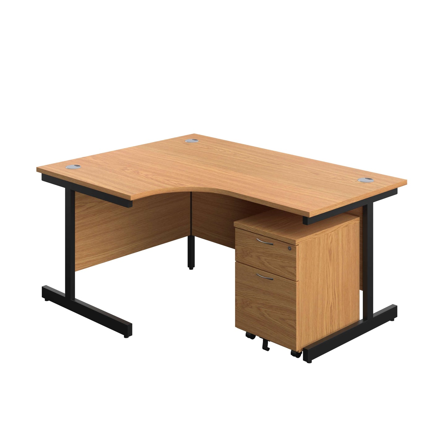Single Upright Left Hand Radial Desk + Mobile 2 Drawer Pedestal (FSC) | 1600 X 1200 | Nova Oak/Black