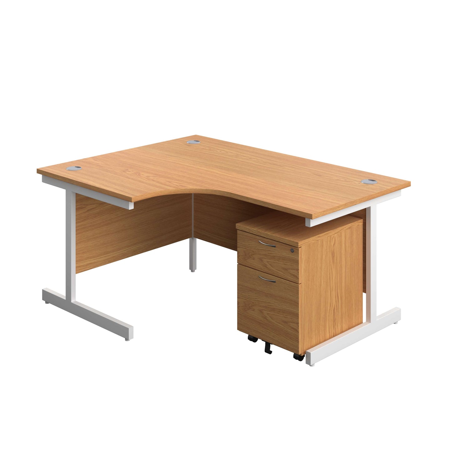 Single Upright Left Hand Radial Desk + Mobile 2 Drawer Pedestal (FSC) | 1600 X 1200 | Nova Oak/White