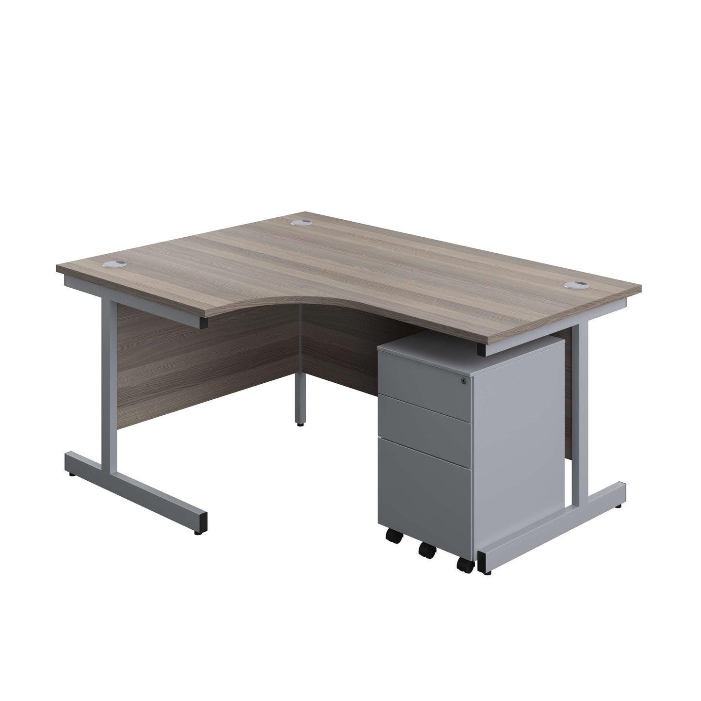 Single Upright Left Hand Radial Desk + Under Desk Steel Pedestal 3 Drawers (FSC) | 1600 X 1200 | Grey Oak/Silver