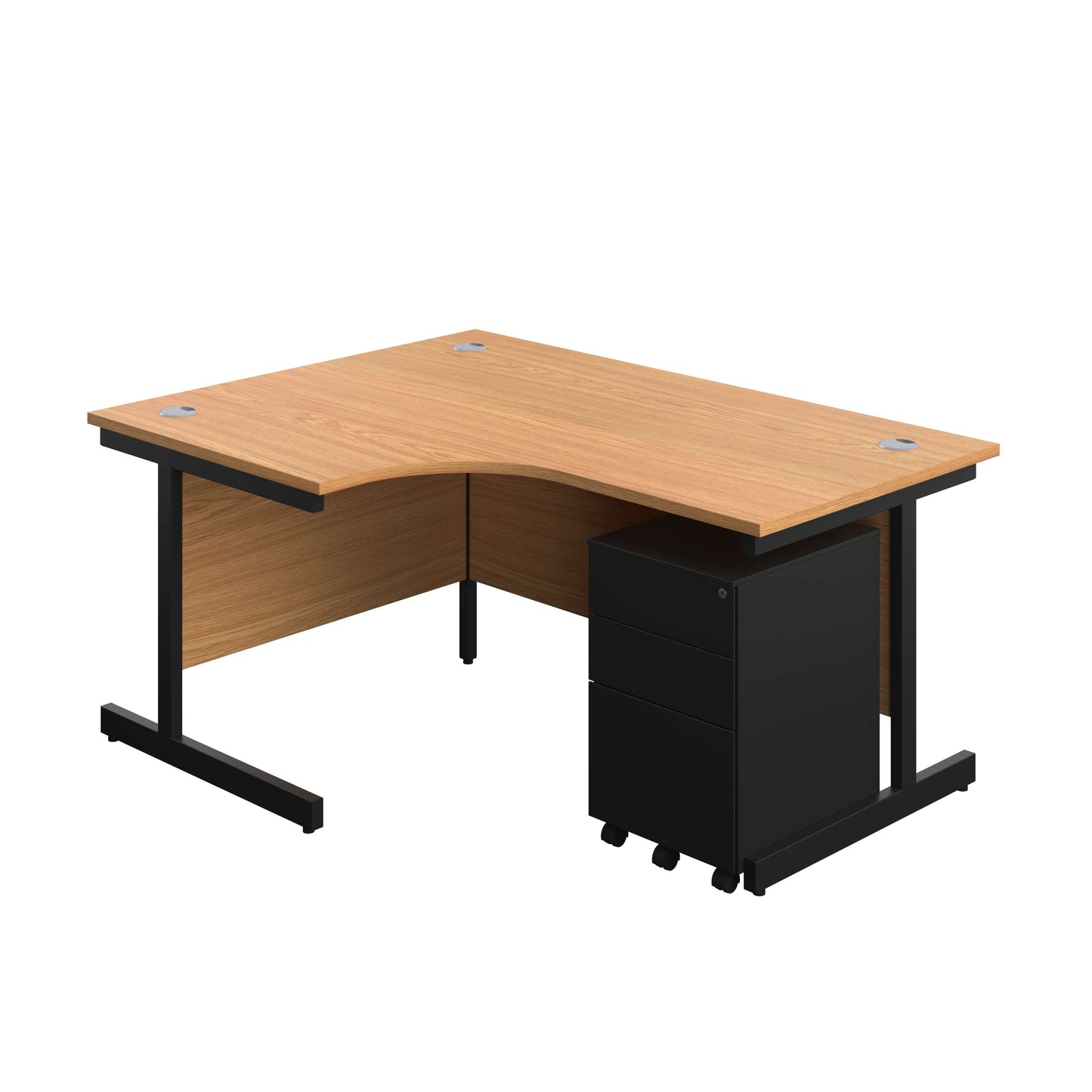 Single Upright Left Hand Radial Desk + Under Desk Steel Pedestal 3 Drawers (FSC) | 1600 X 1200 | Nova Oak/Black