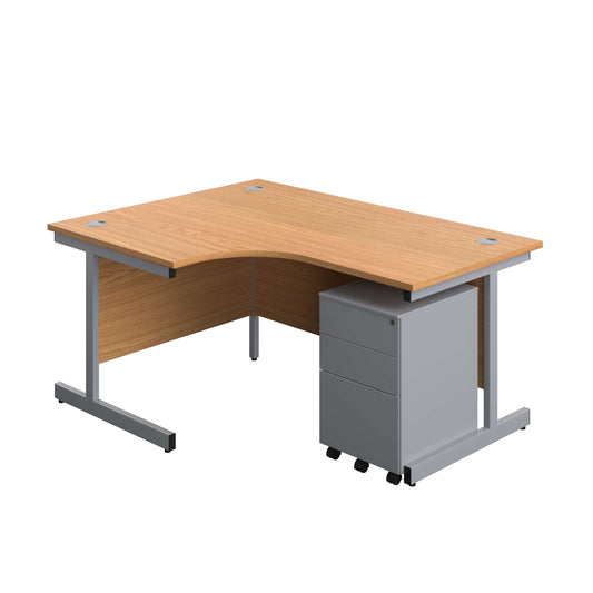 Single Upright Left Hand Radial Desk + Under Desk Steel Pedestal 3 Drawers (FSC) | 1600 X 1200 | Nova Oak/Silver