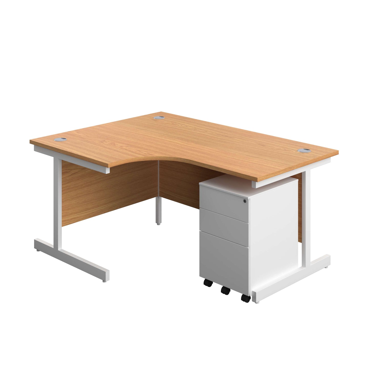 Single Upright Left Hand Radial Desk + Under Desk Steel Pedestal 3 Drawers (FSC) | 1600 X 1200 | Nova Oak/White