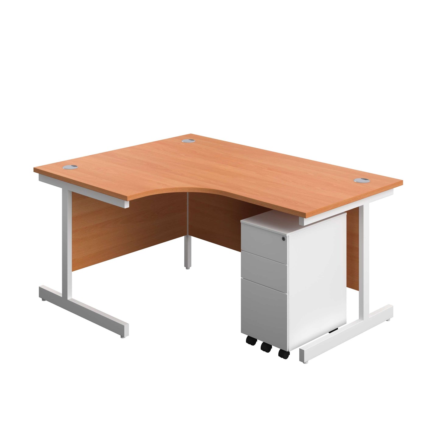 Single Upright Left Hand Radial Desk + Slimline Steel Pedestal 3 Drawers (FSC) | 1600 X 1200 | Beech/White