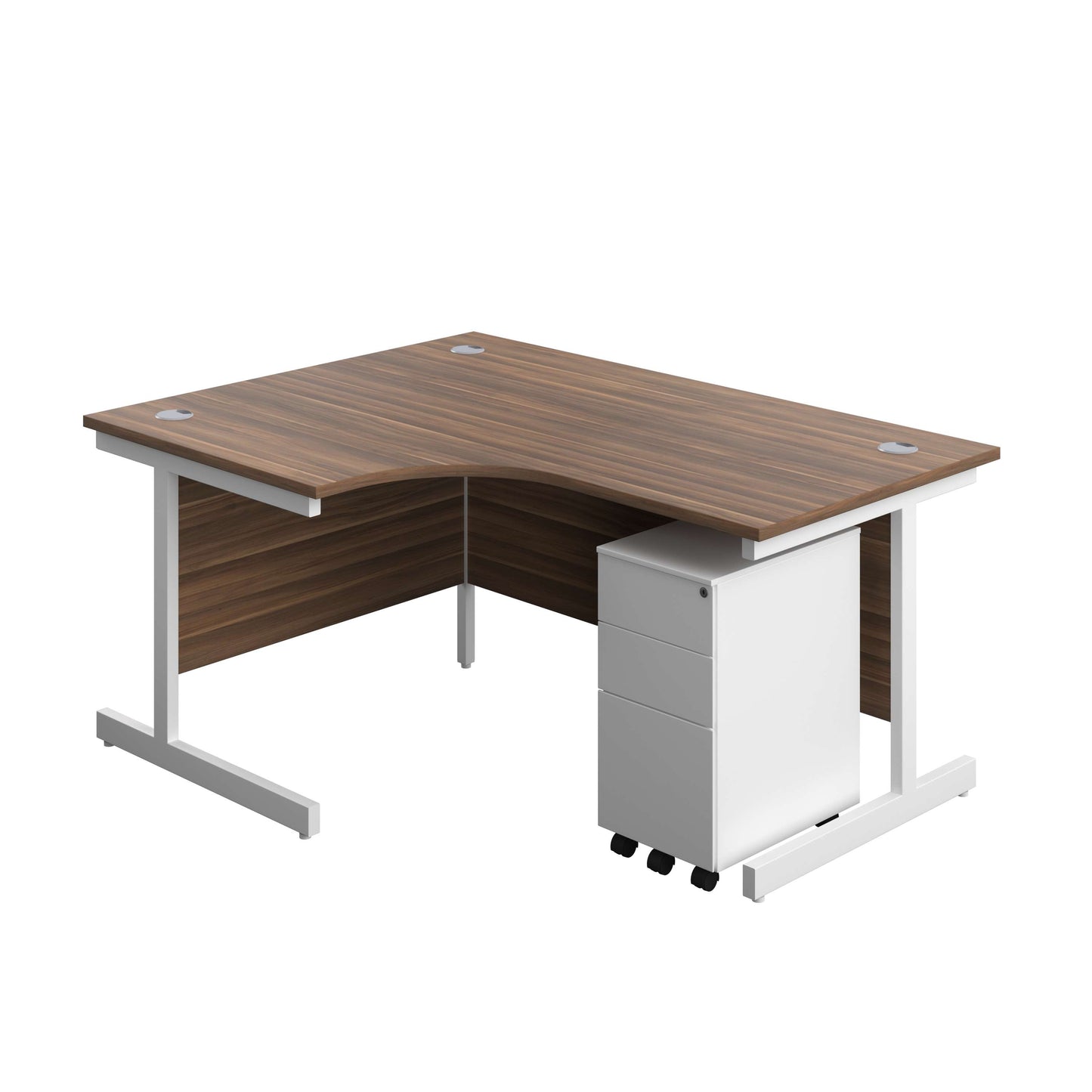Single Upright Left Hand Radial Desk + Slimline Steel Pedestal 3 Drawers (FSC) | 1600 X 1200 | Dark Walnut/White