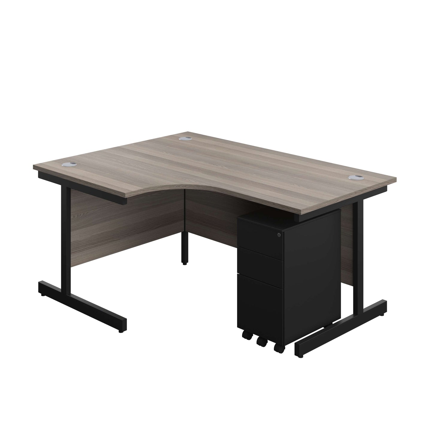 Single Upright Left Hand Radial Desk + Slimline Steel Pedestal 3 Drawers (FSC) | 1600 X 1200 | Grey Oak/Black